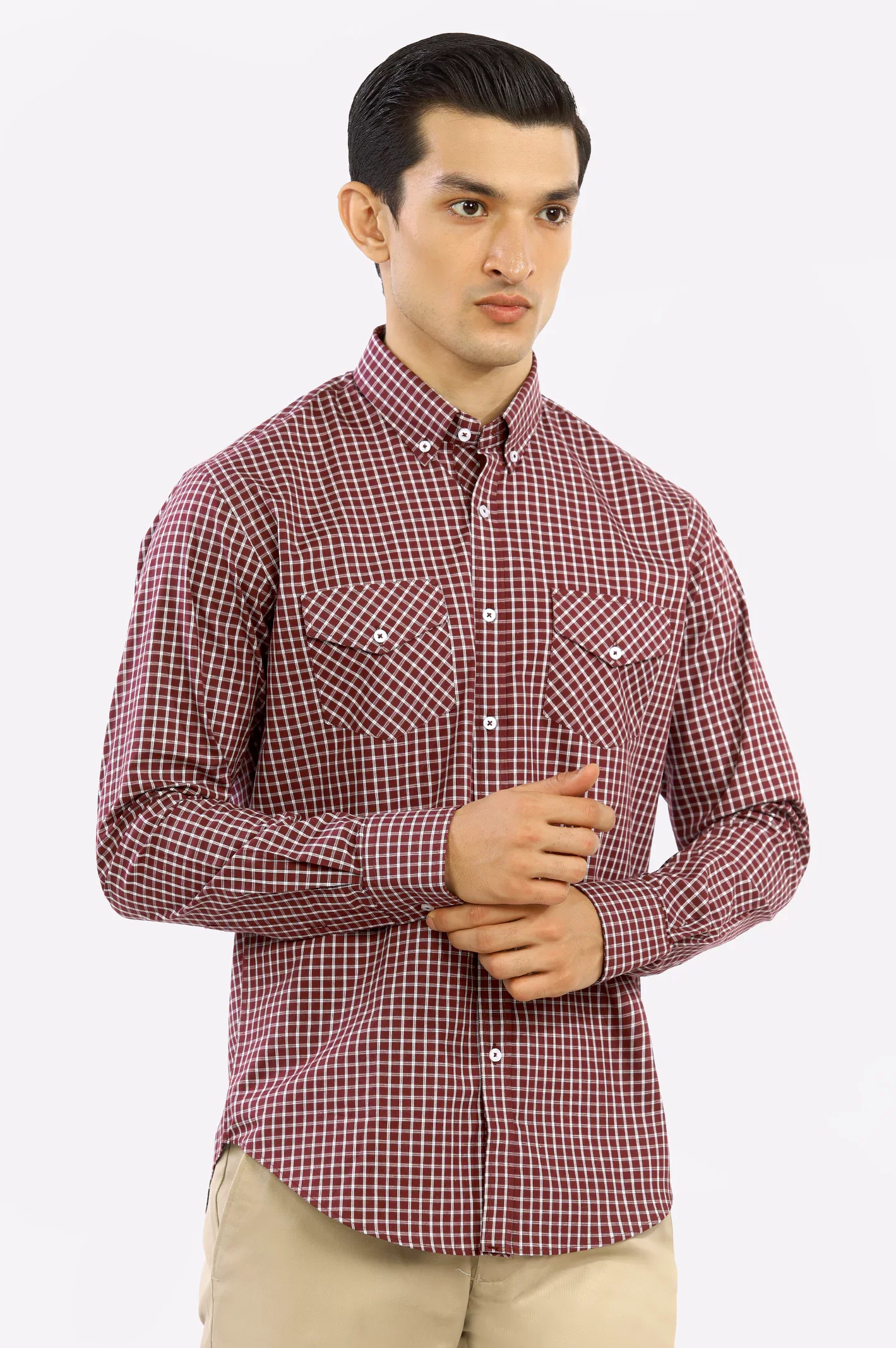 Maroon Windowpane Check Casual Shirt - Image 3