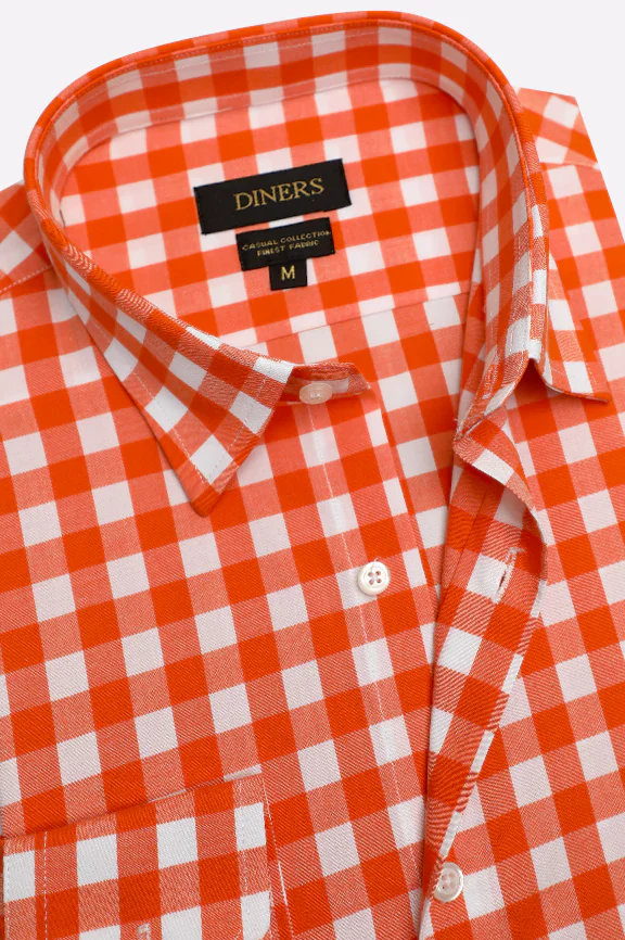 Orange Gingham Check Casual Shirt - Image 2