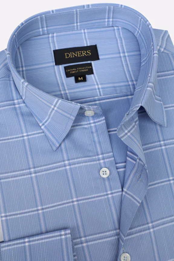 Blue Windowpane Check Casual Shirt - Image 2