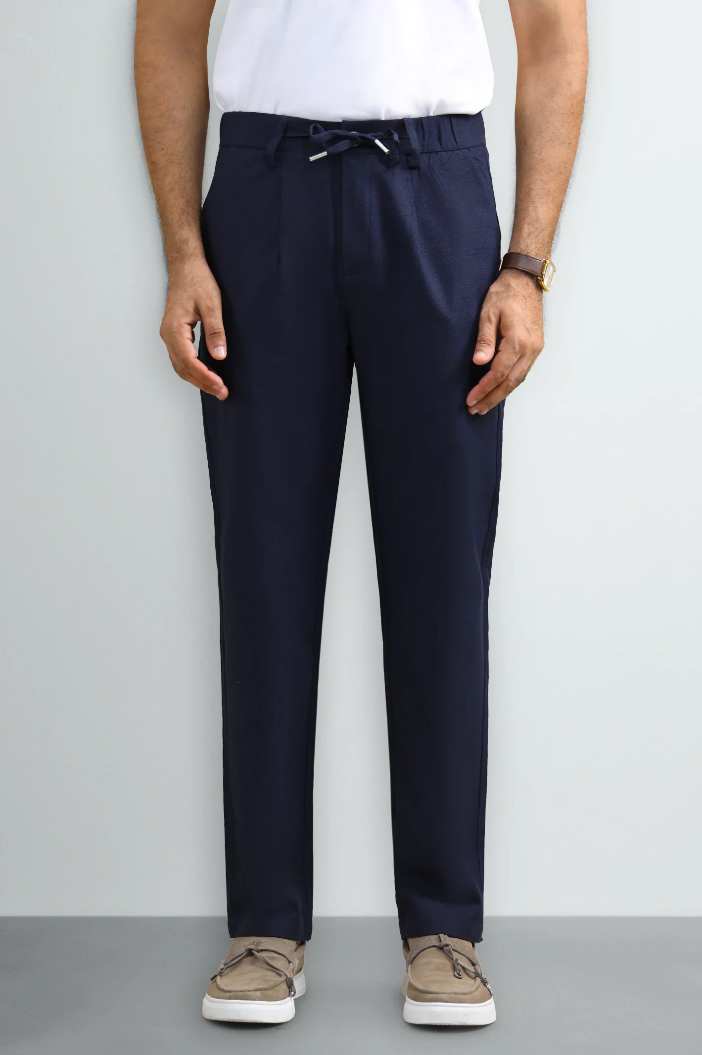 Navy Blue Slim Fit Cotton Linen Pants