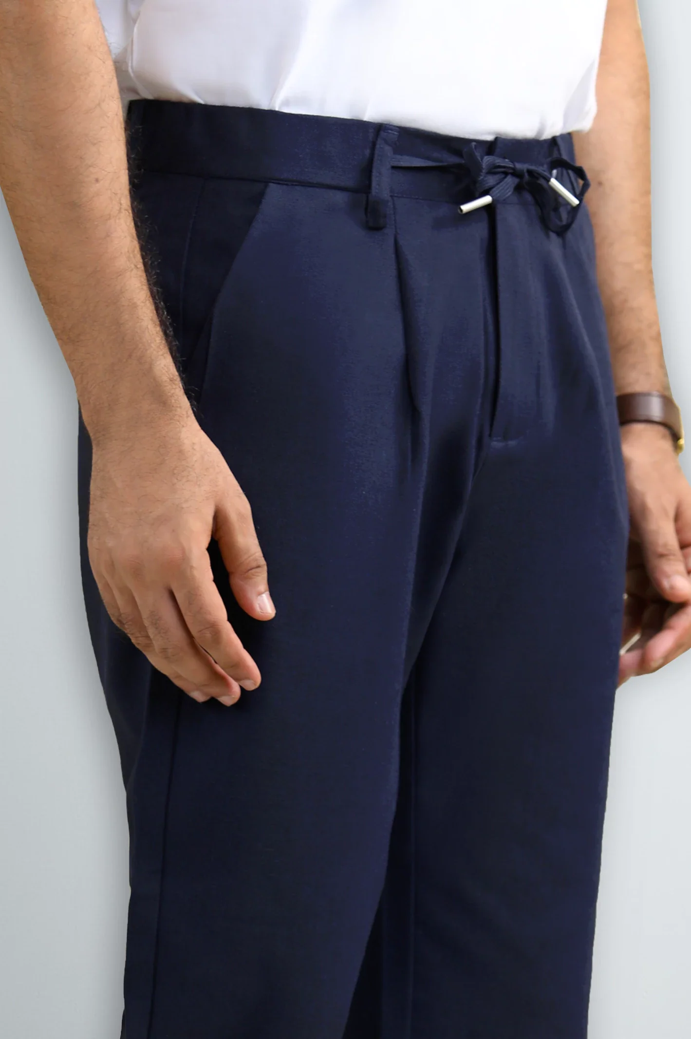 Navy Blue Slim Fit Cotton Linen Pants - Image 2
