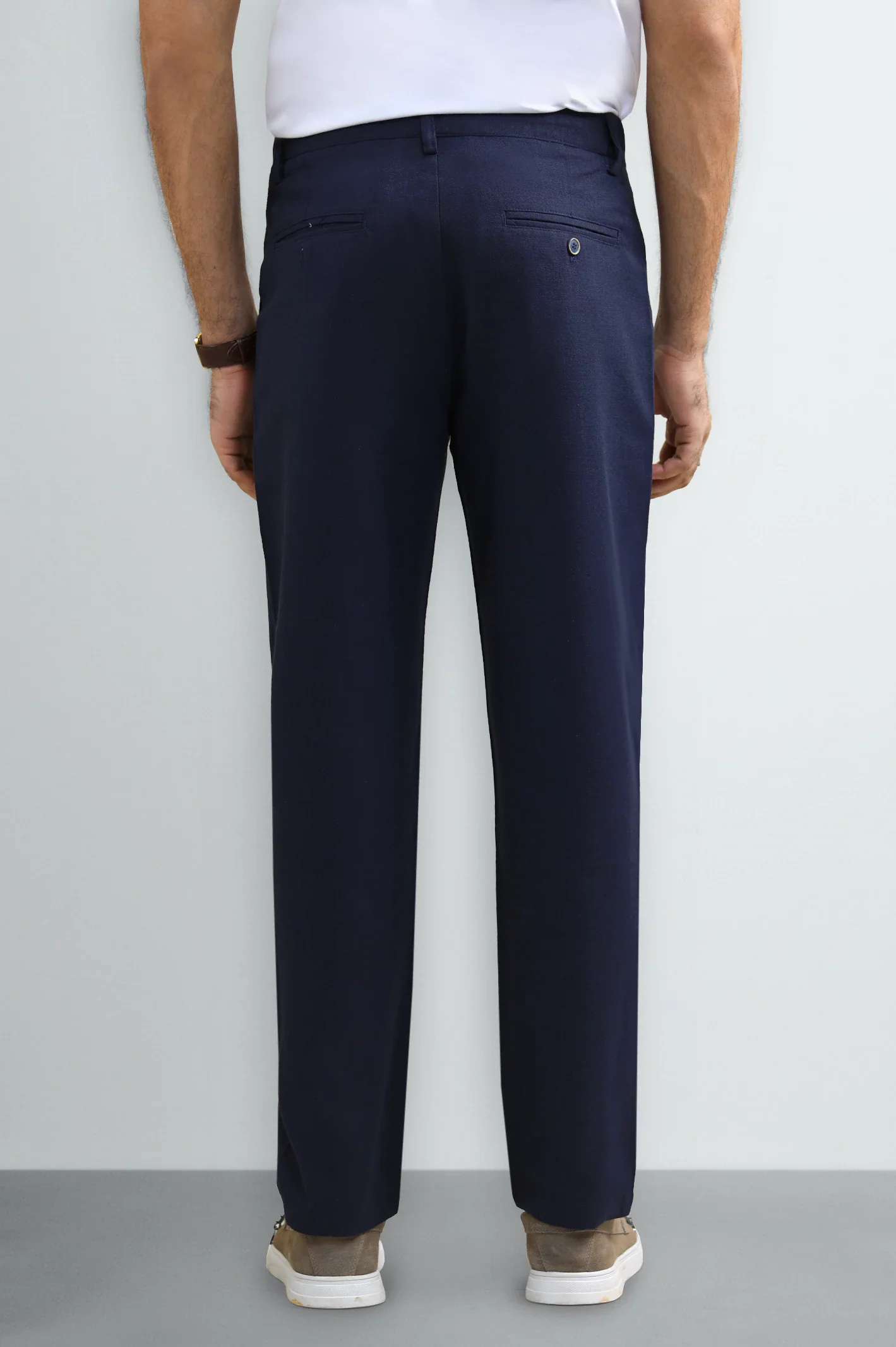 Navy Blue Slim Fit Cotton Linen Pants - Image 3