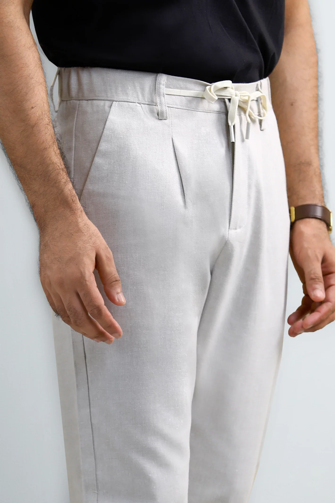 Off White Slim Fit Cotton Linen Pants - Image 2