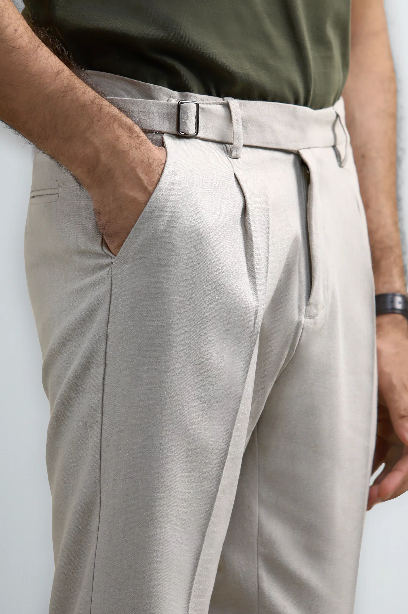 Off White Slim Fit Cotton Linen Pants - Image 2