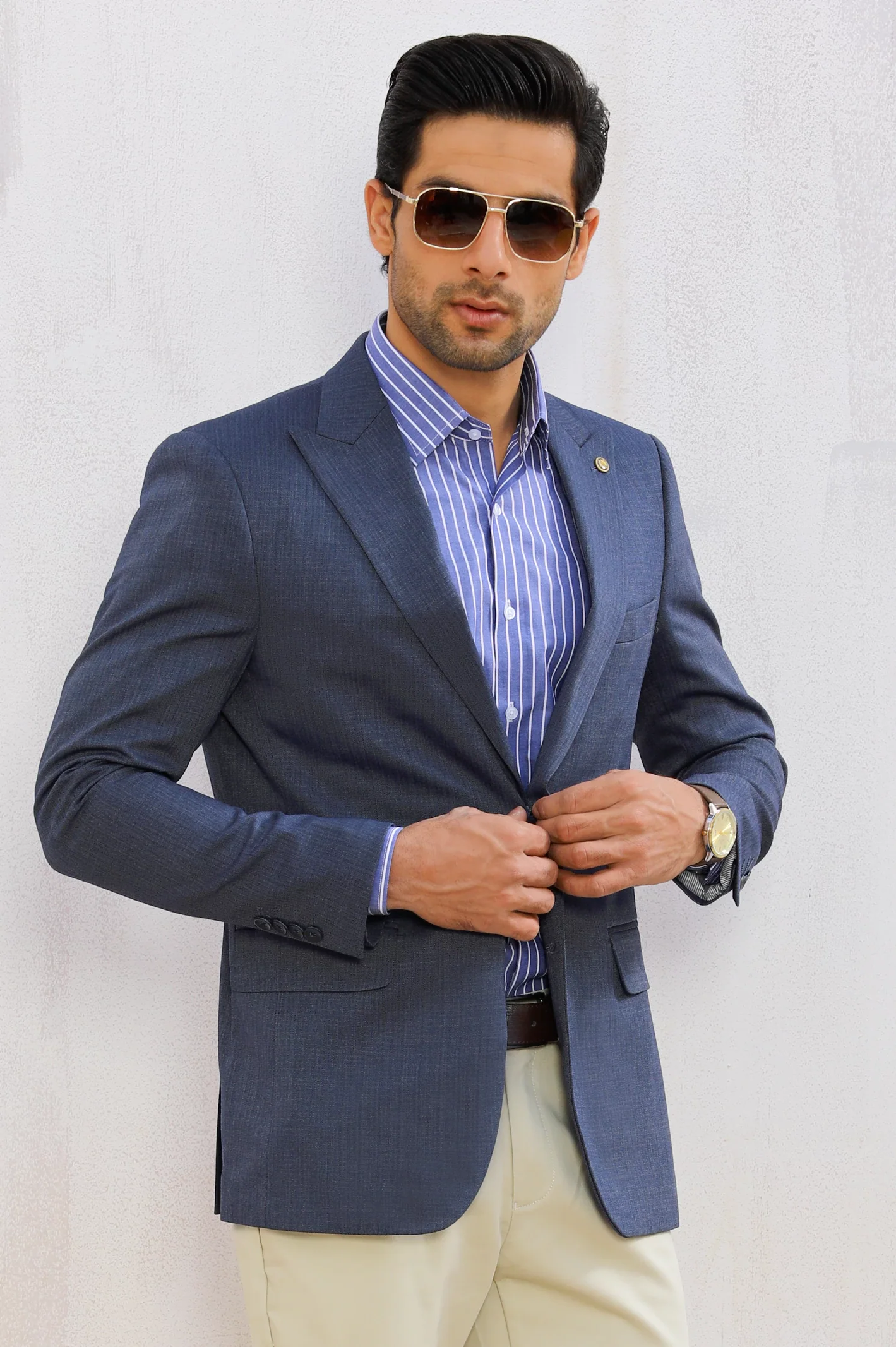 Blue Self Blazer for Men - Image 3
