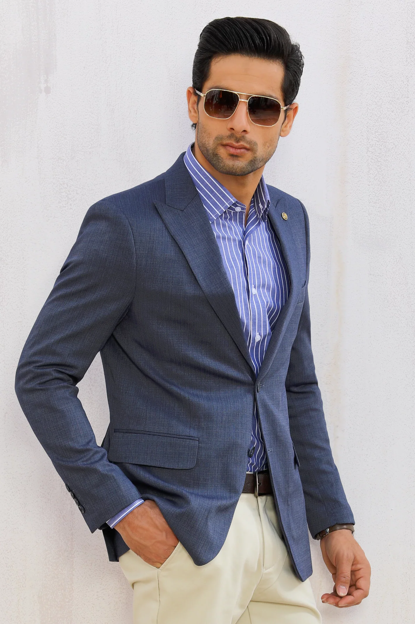 Blue Self Blazer for Men - Image 4