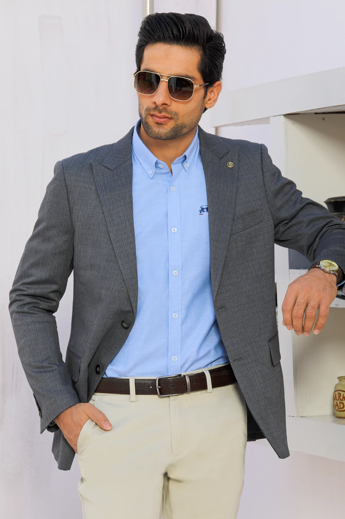 Grey Self Textured Blazer for Men - Image 5