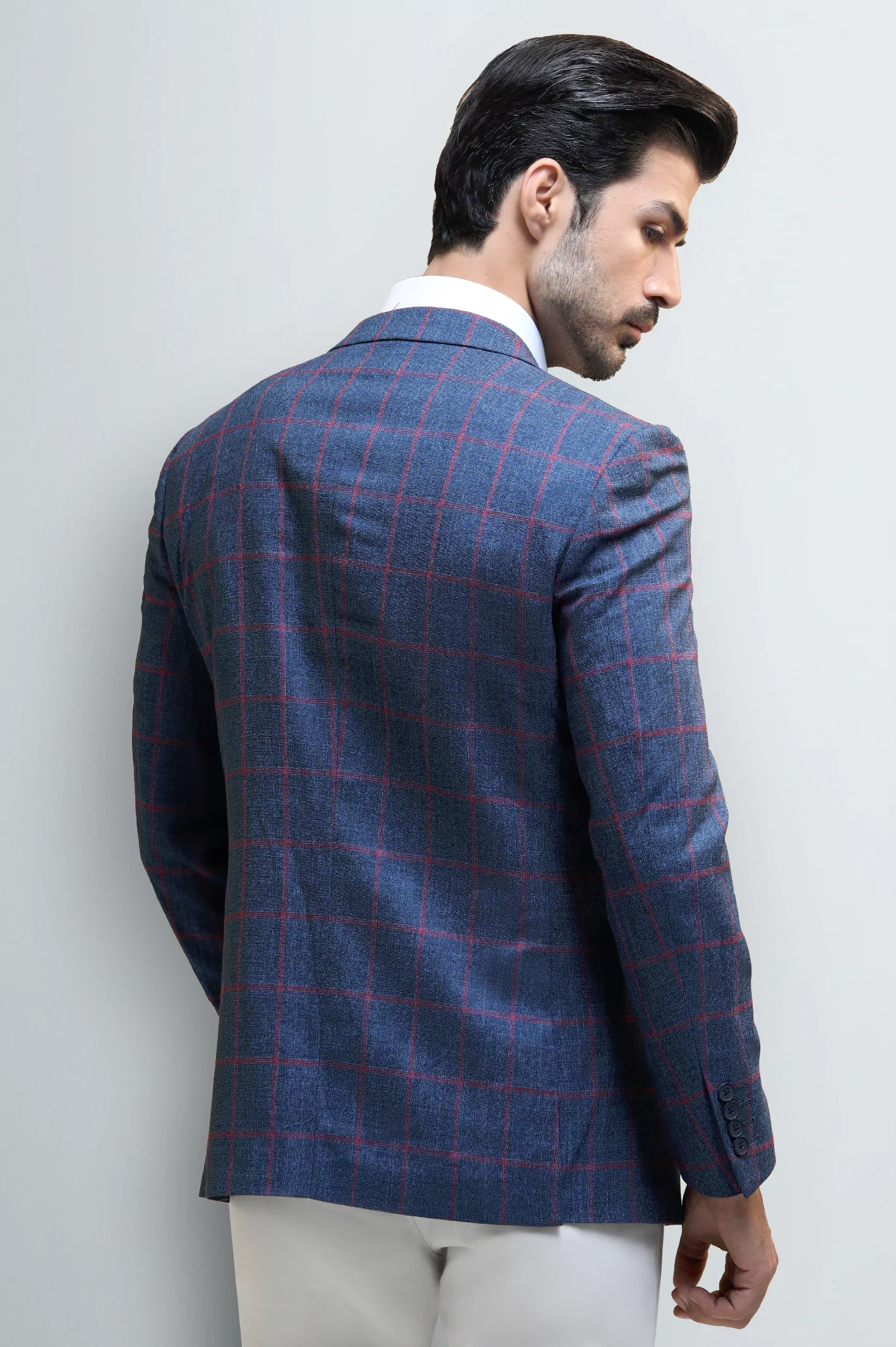 Navy Blue Checked Single-Breasted Blazer - Image 5