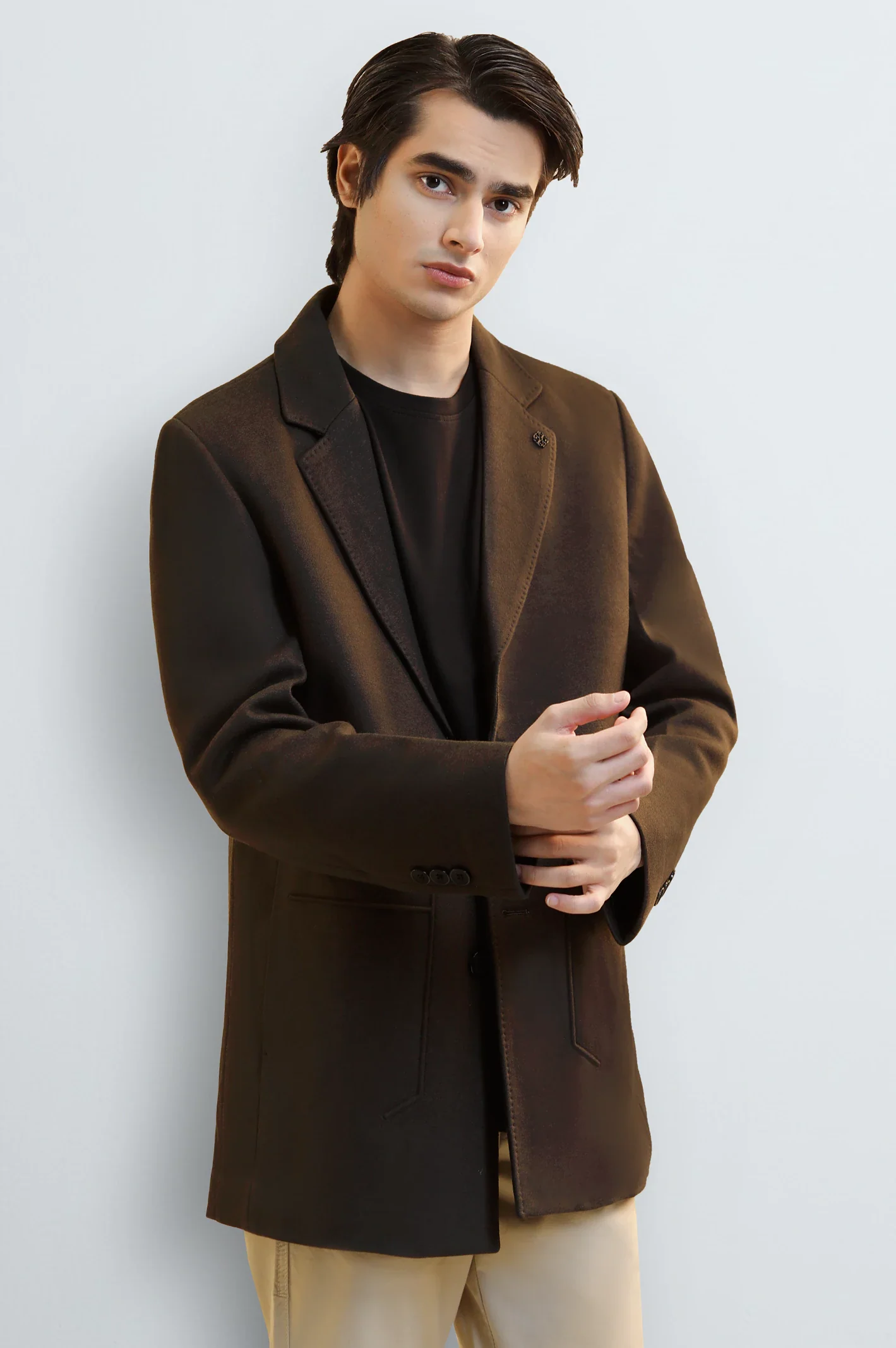 Men's Dark Brown Wool Blend Longline Coat