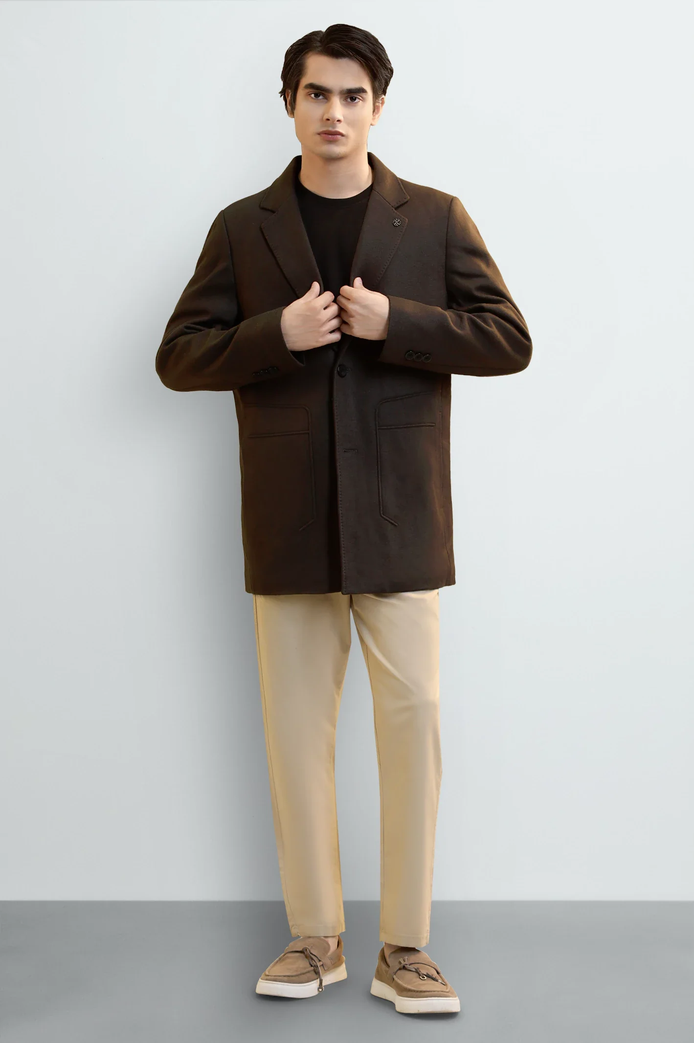Men's Dark Brown Wool Blend Longline Coat - Image 2