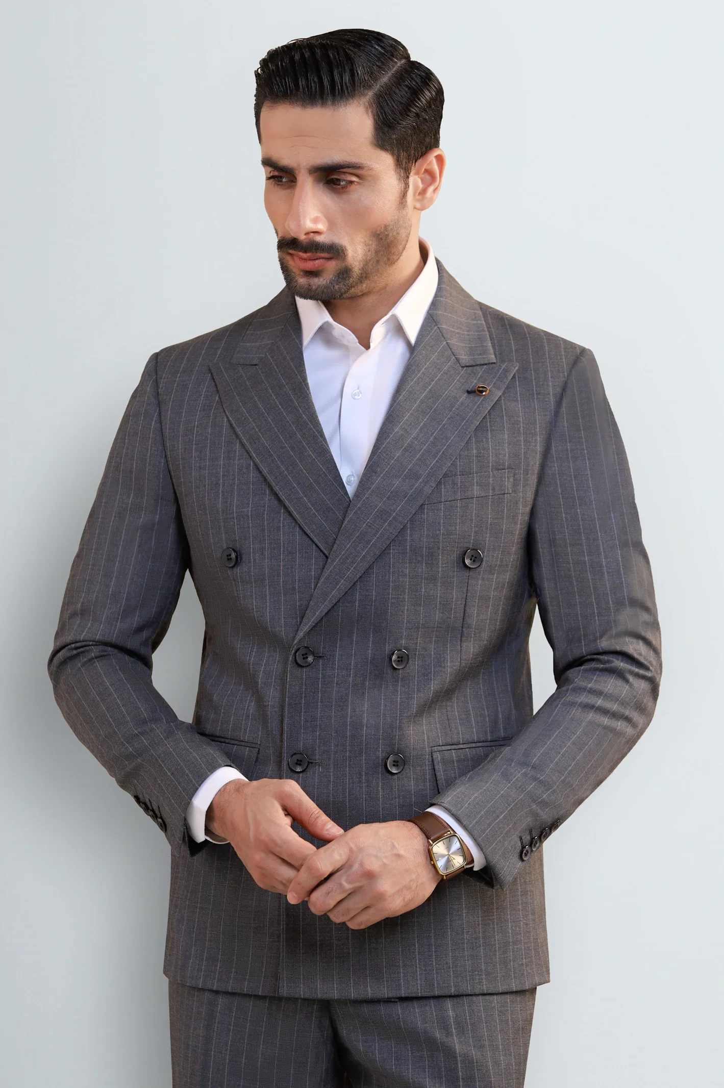 Men's Grey Pinstripe Double-Breasted Suit - Image 2