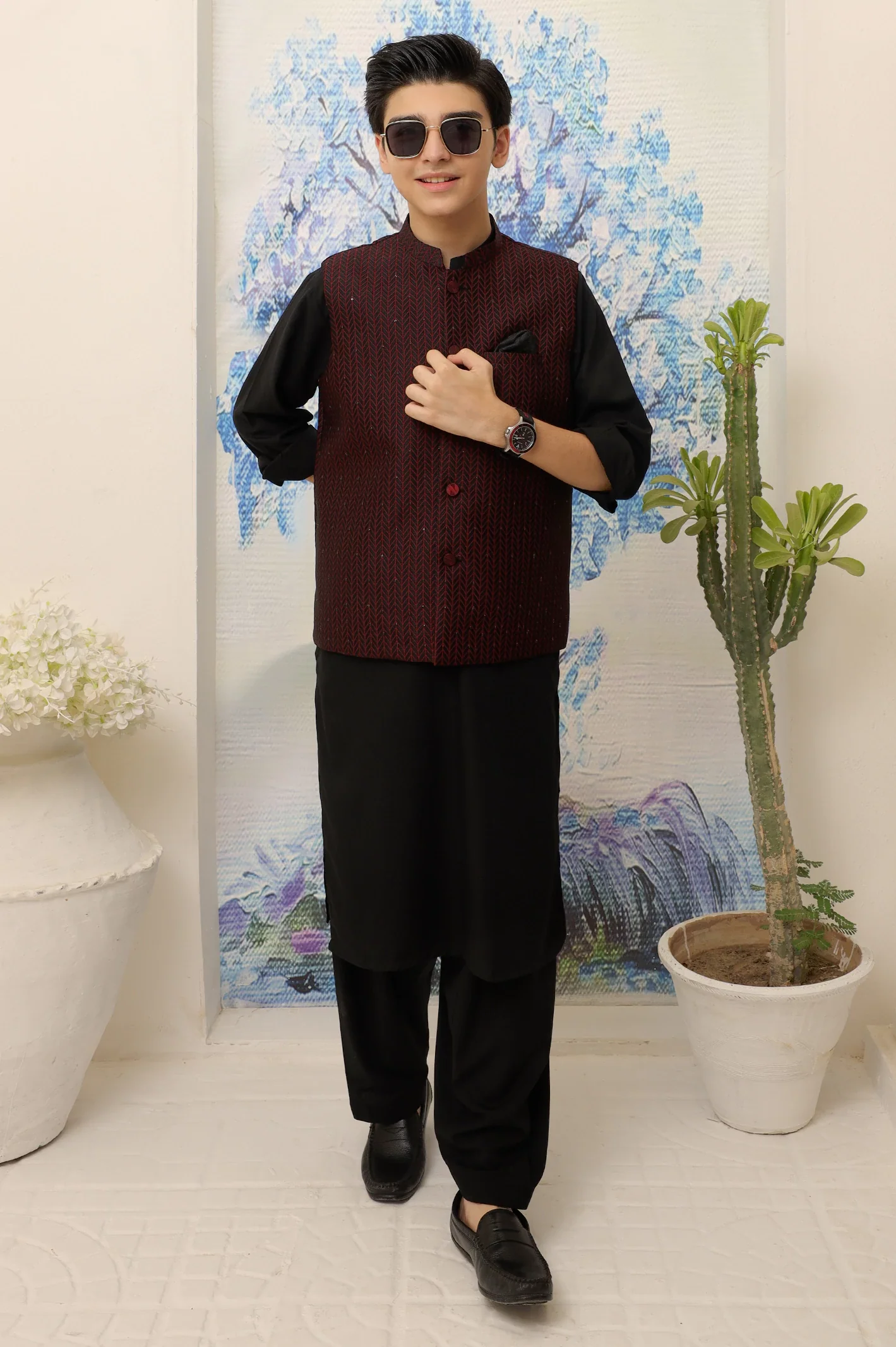 Maroon Boys Kurta Shalwar With Waistcoat - Image 2
