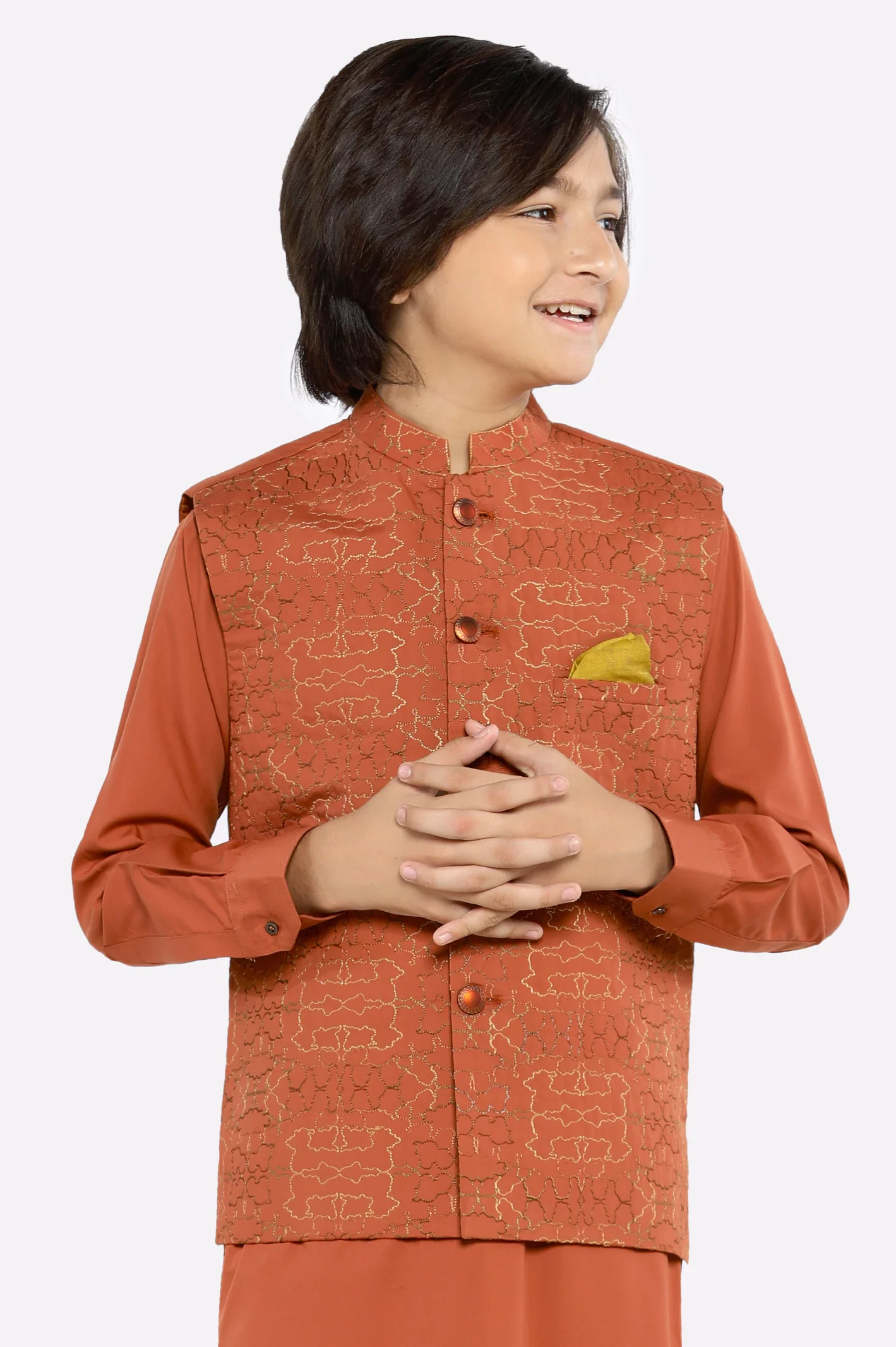 Rust Boys Kurta Shalwar With Waistcoat - Image 2