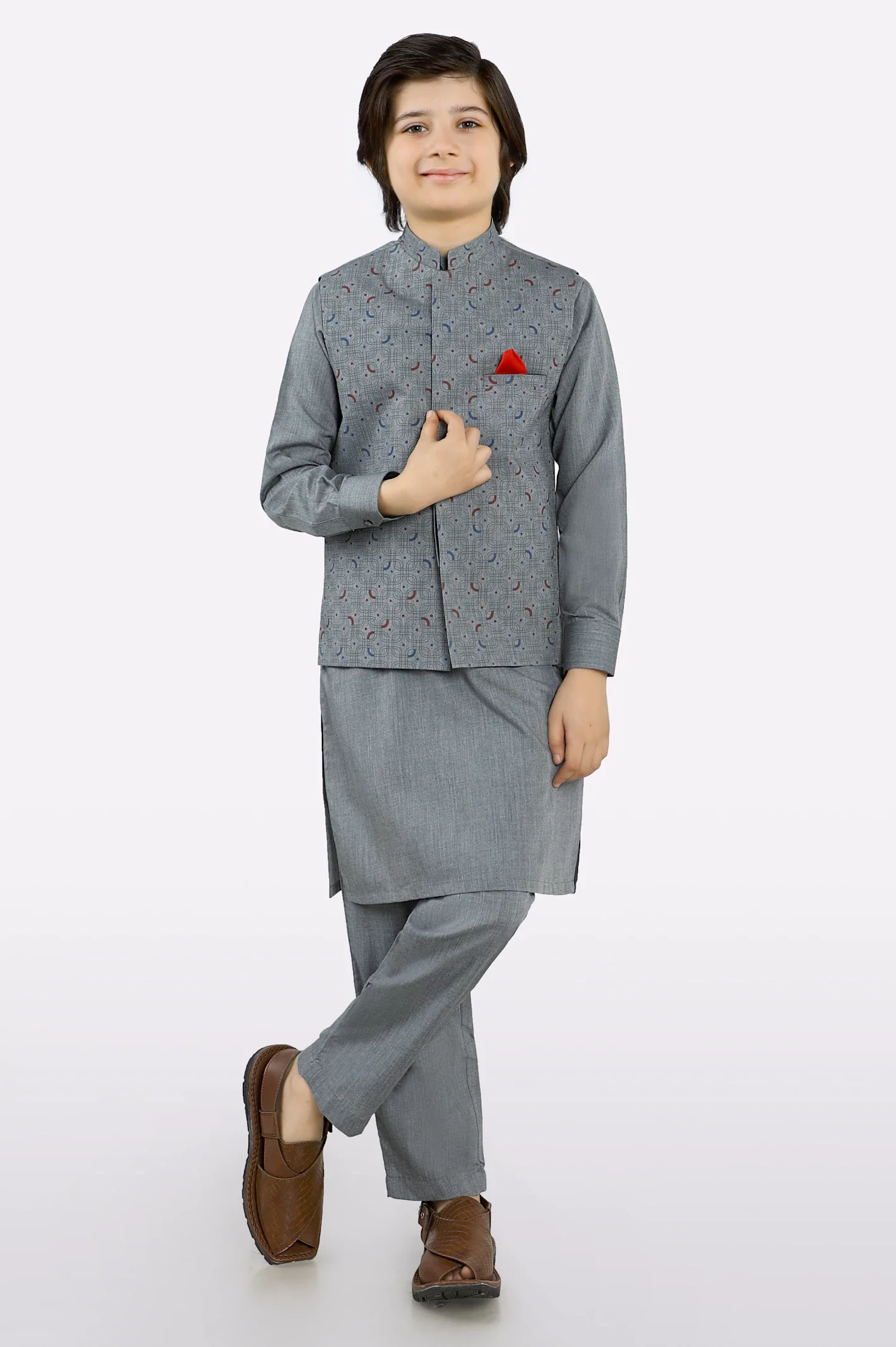 Grey Boys Kurta Pajama With Waistcoat