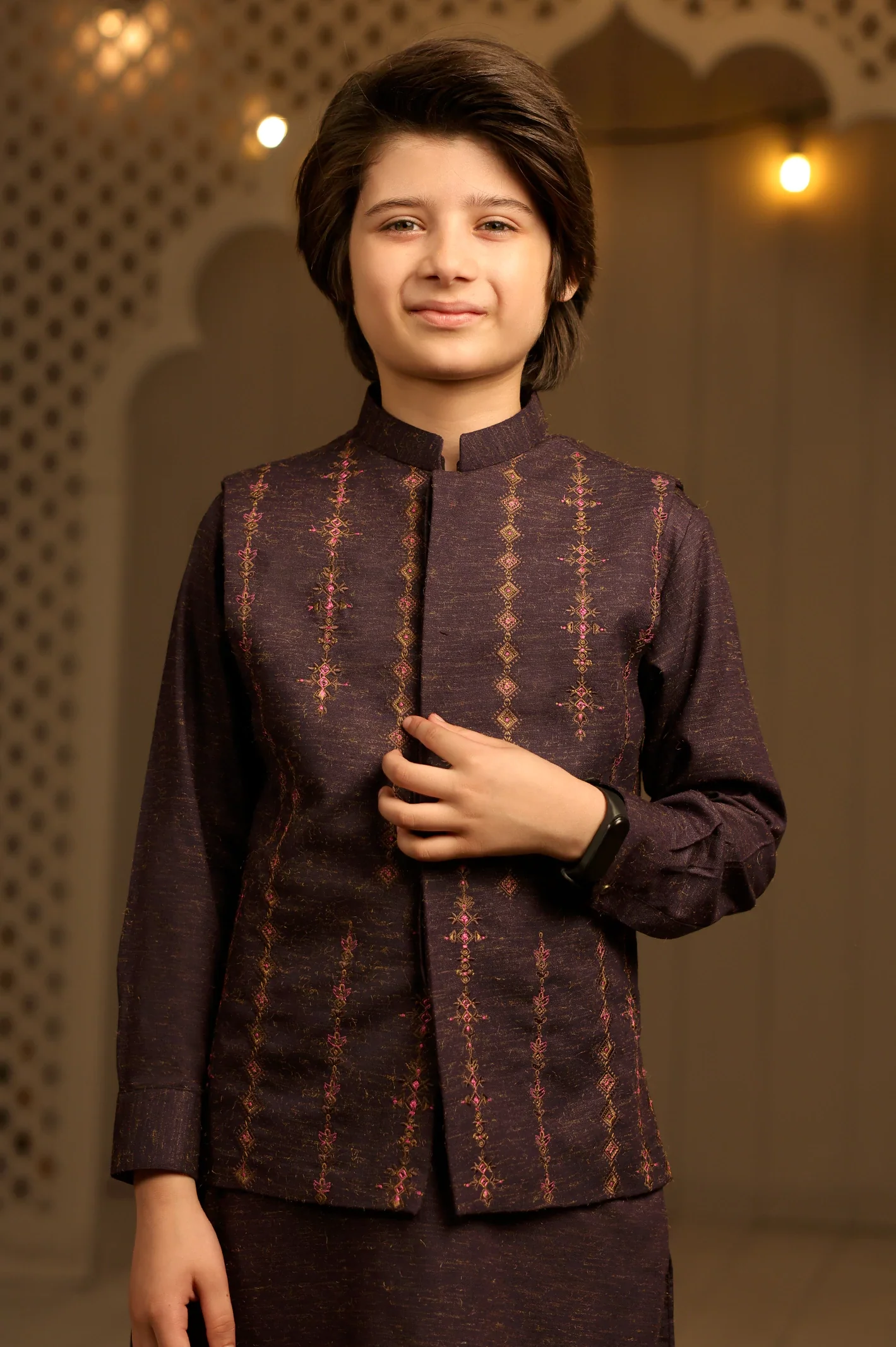 Purple Boys Kameez Shalwar With Waistcoat - Image 2