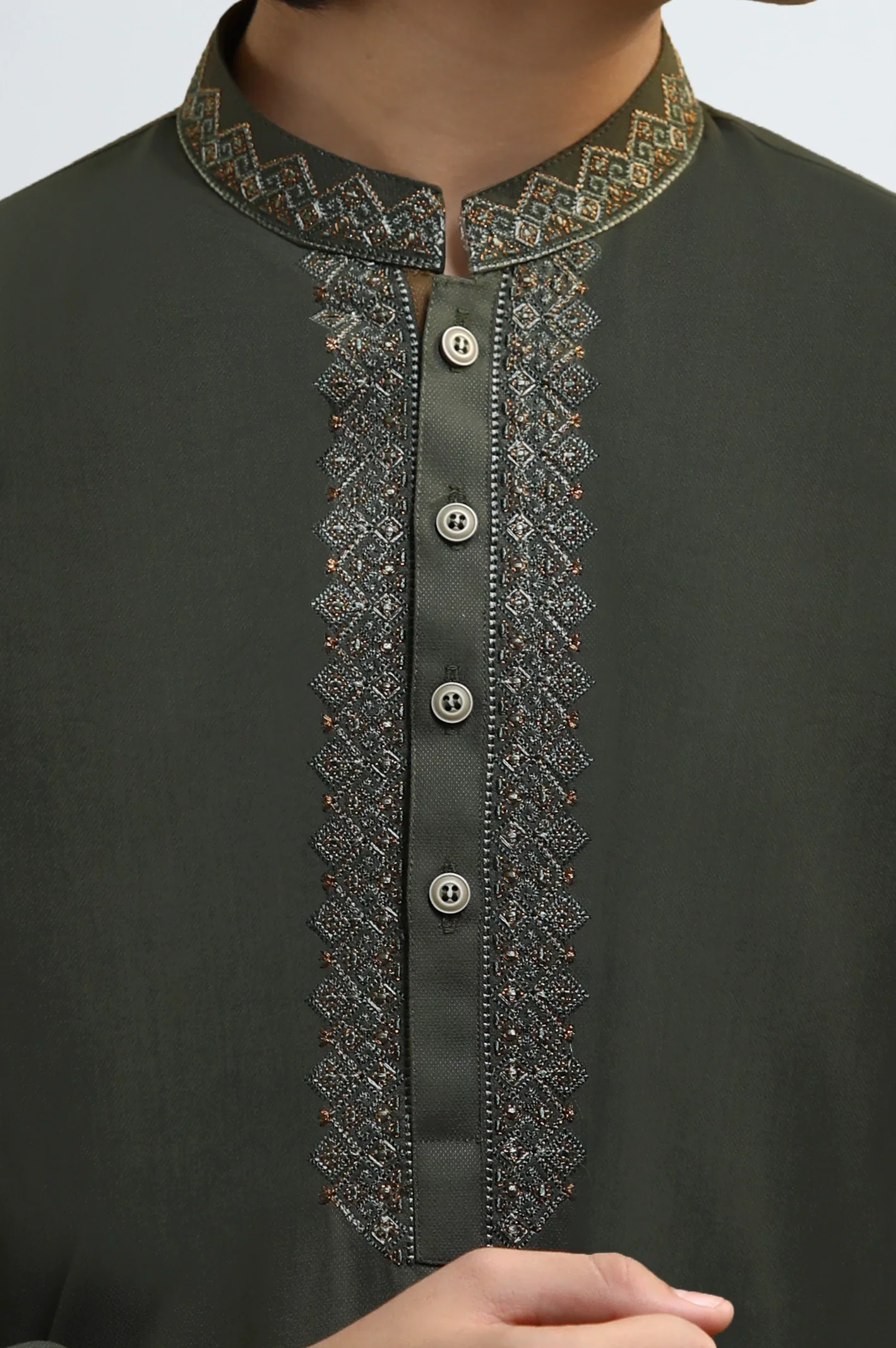 Dark Olive Teens Kurta Pajama - Image 3
