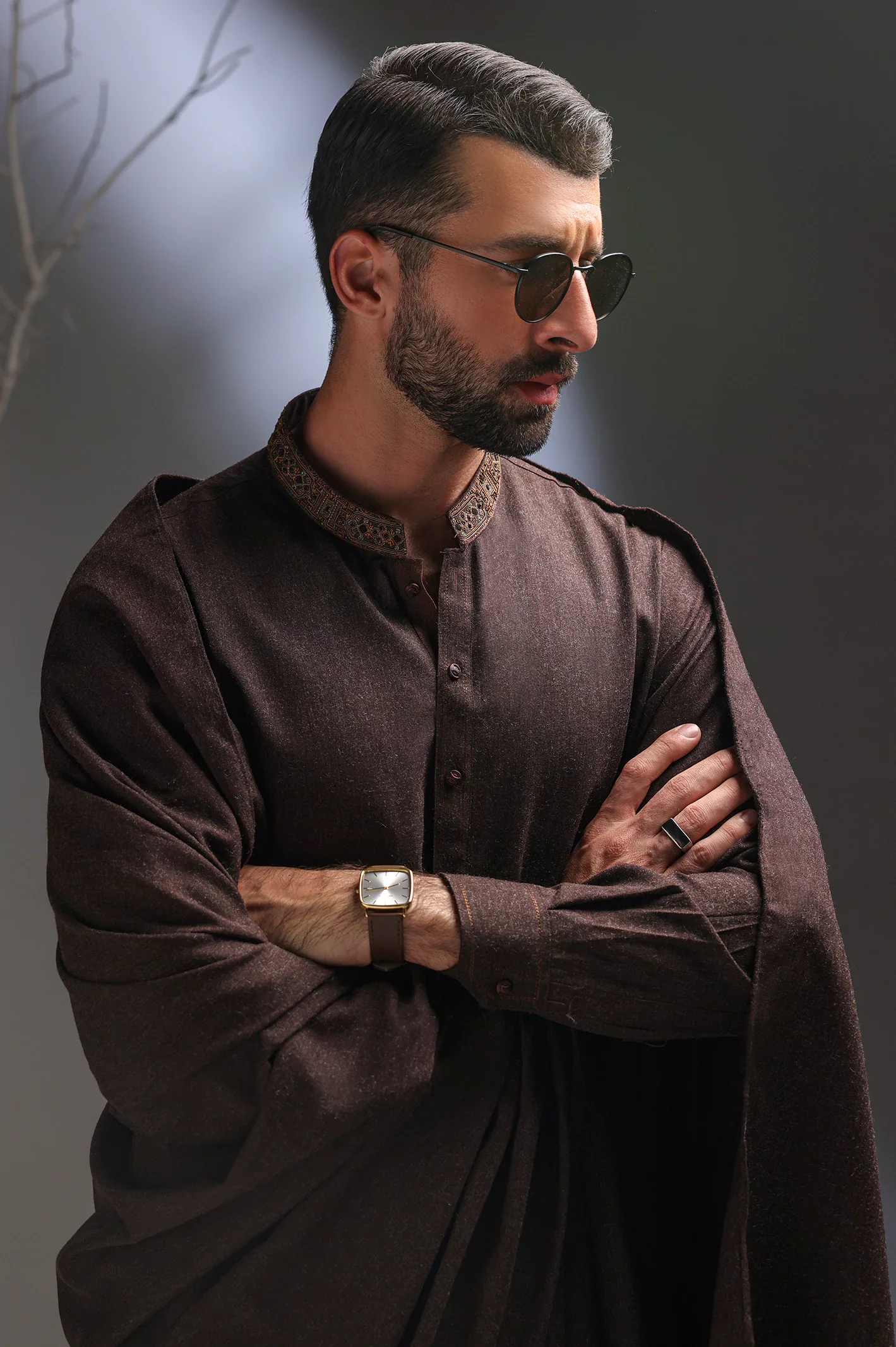 Dark Brown Shalwar Kameez with Shawl - Image 3