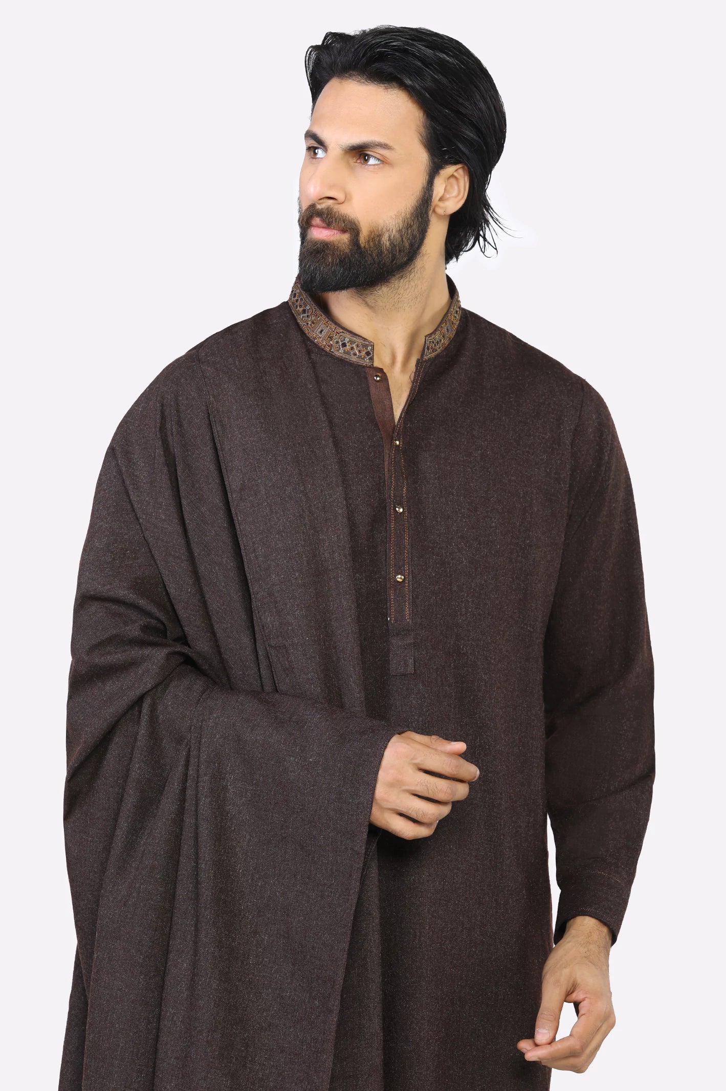 Dark Brown Shalwar Kameez with Shawl - Image 5