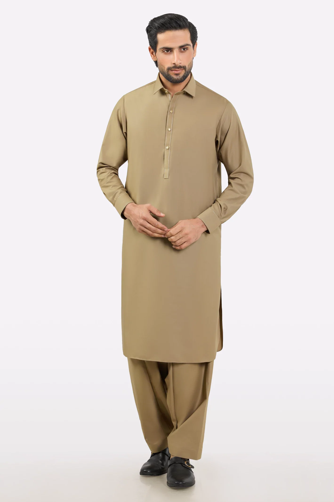 Khaki Wash & Wear Shalwar Kameez - Image 2