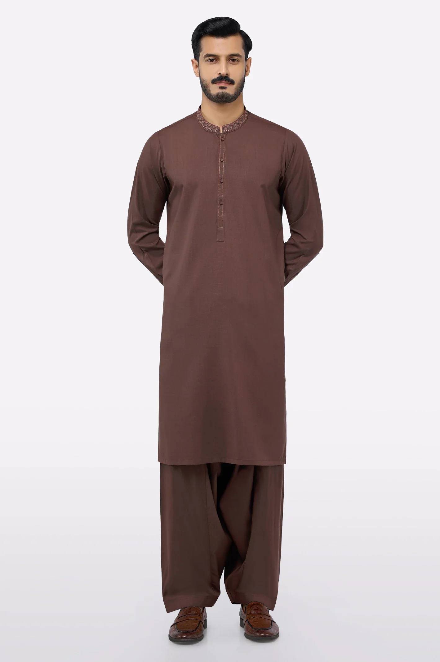 Brown Wash & Wear Shalwar Kameez - Image 2
