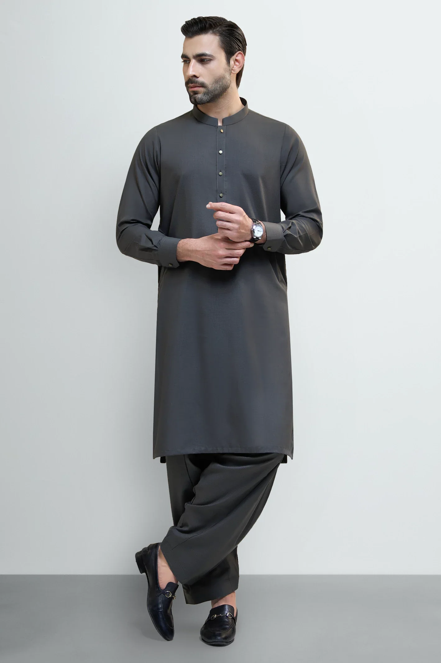 Dark Grey Wash & Wear Shalwar Kameez - Image 2