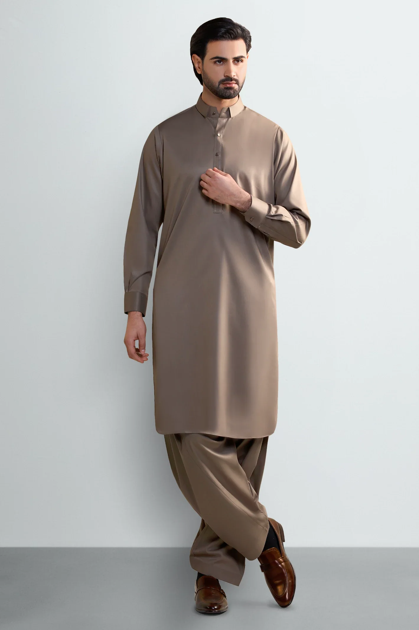 Brown Wash & Wear Shalwar Kameez - Image 2