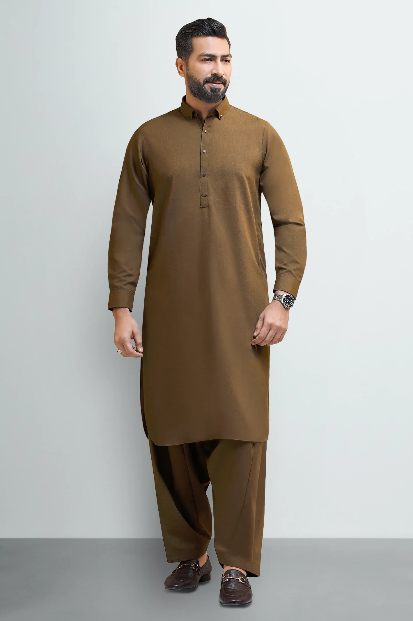 Brown Wash & Wear Shalwar Kameez - Image 2