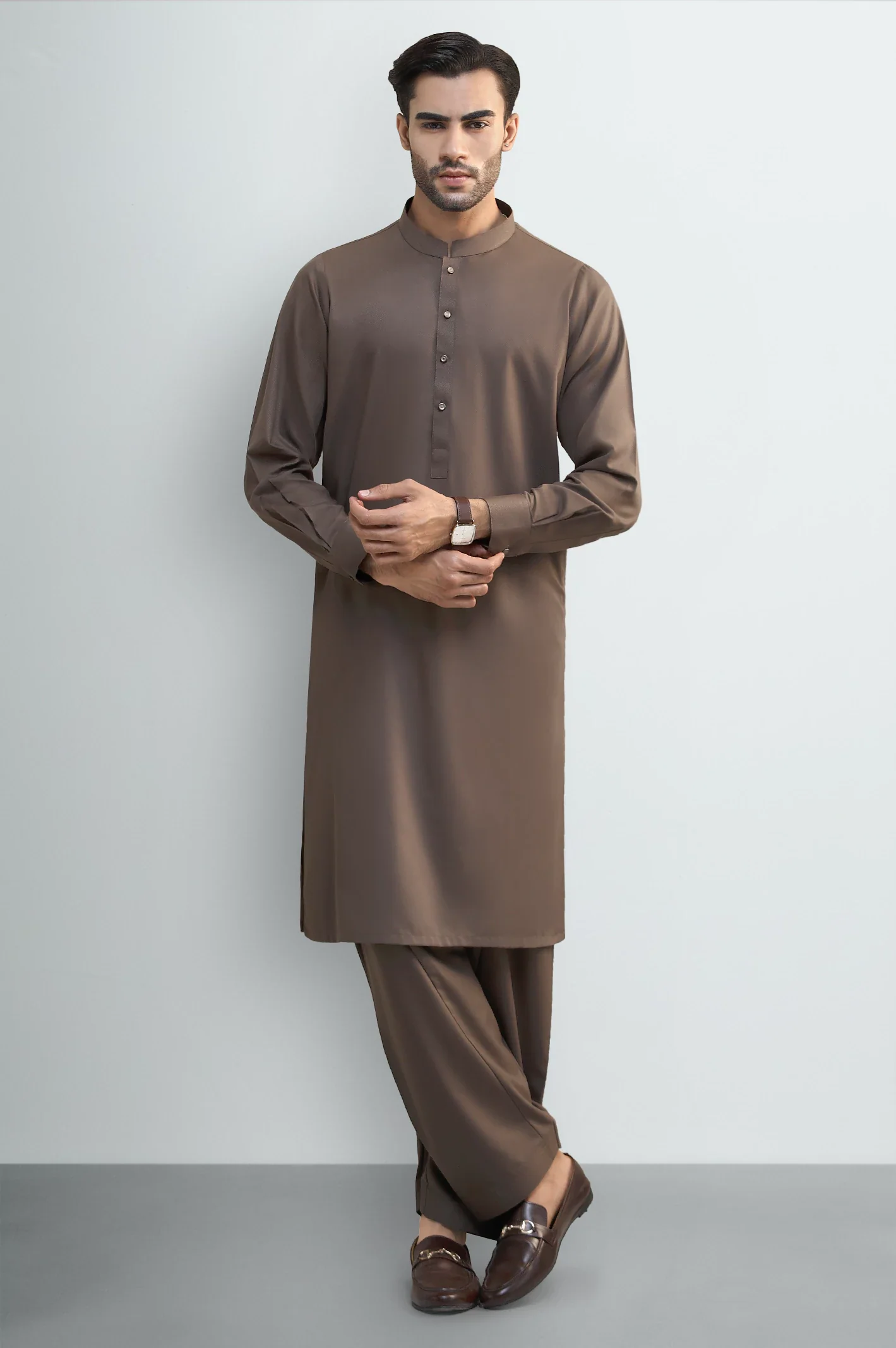 Brown Wash & Wear Shalwar Kameez - Image 2