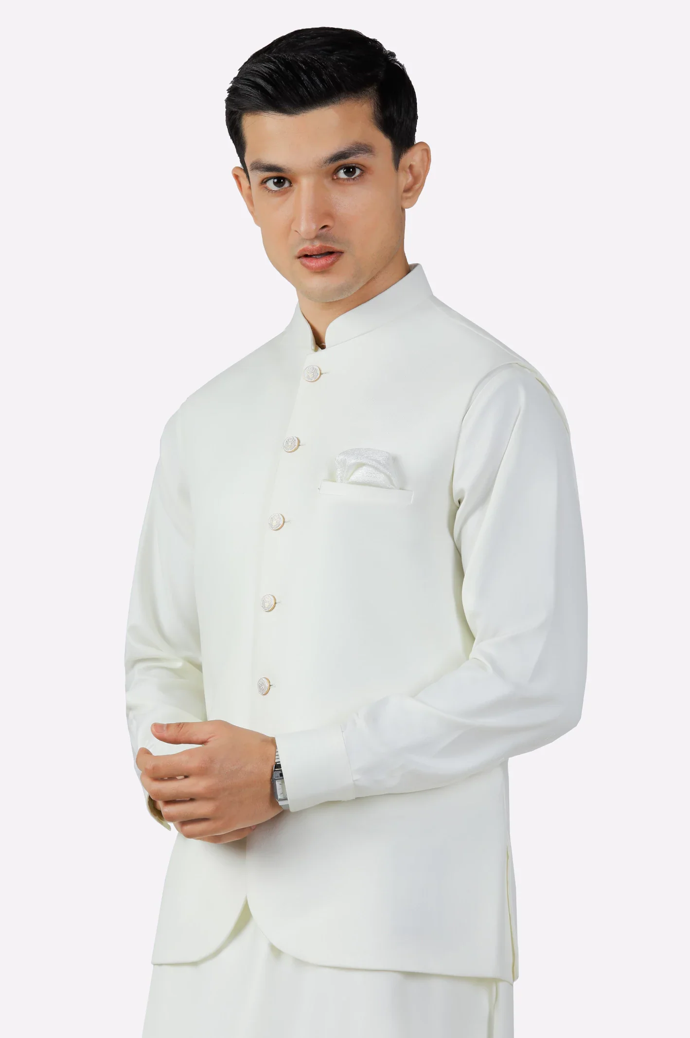 Cream Shalwar Kameez with Waistcoat - Image 2