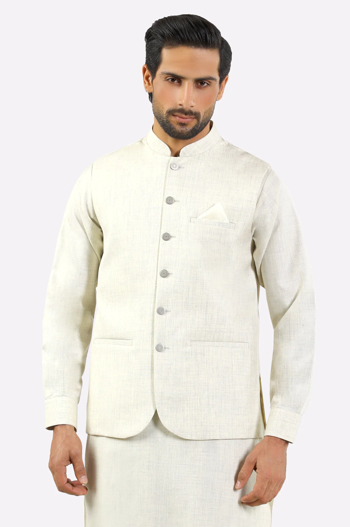 Cream Shalwar Kameez with Waistcoat - Image 2