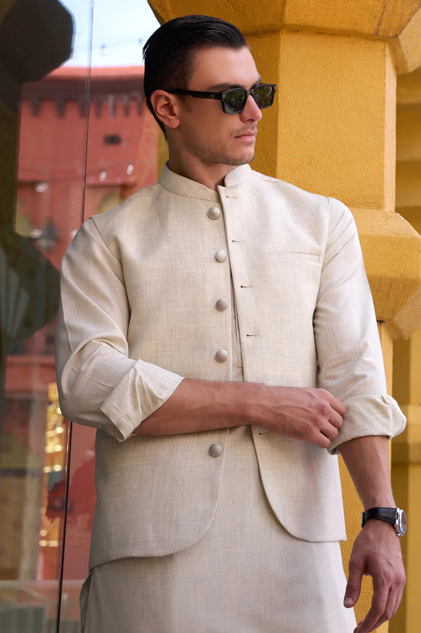 Fawn Shalwar Kameez with Waistcoat - Image 3