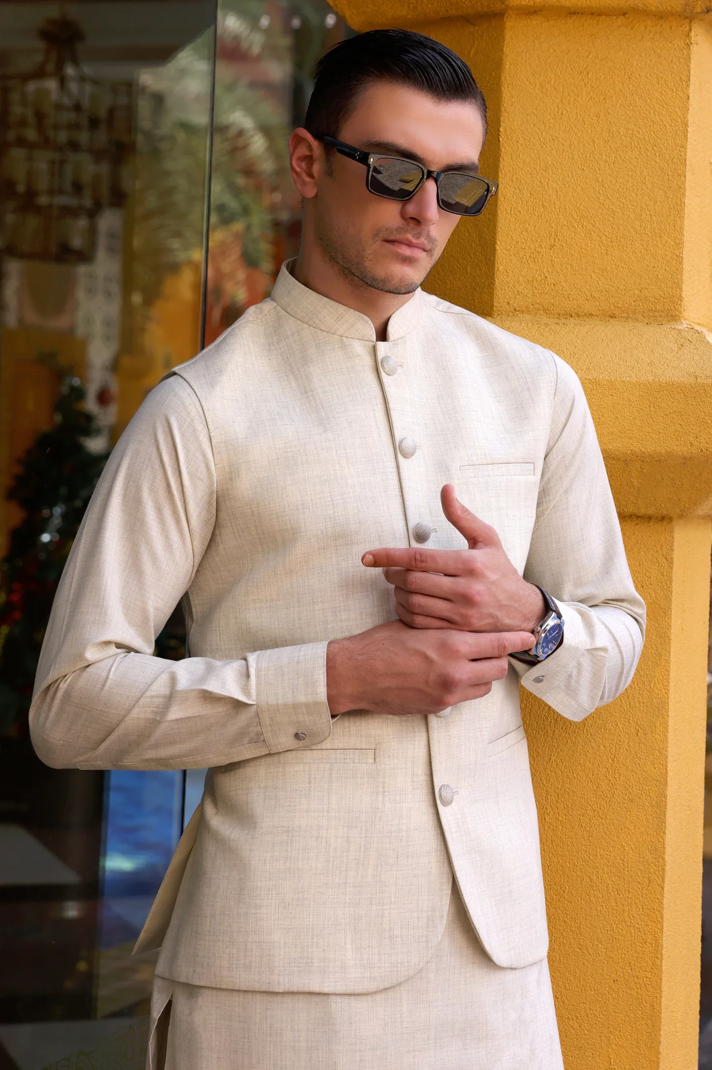 Fawn Shalwar Kameez with Waistcoat - Image 4