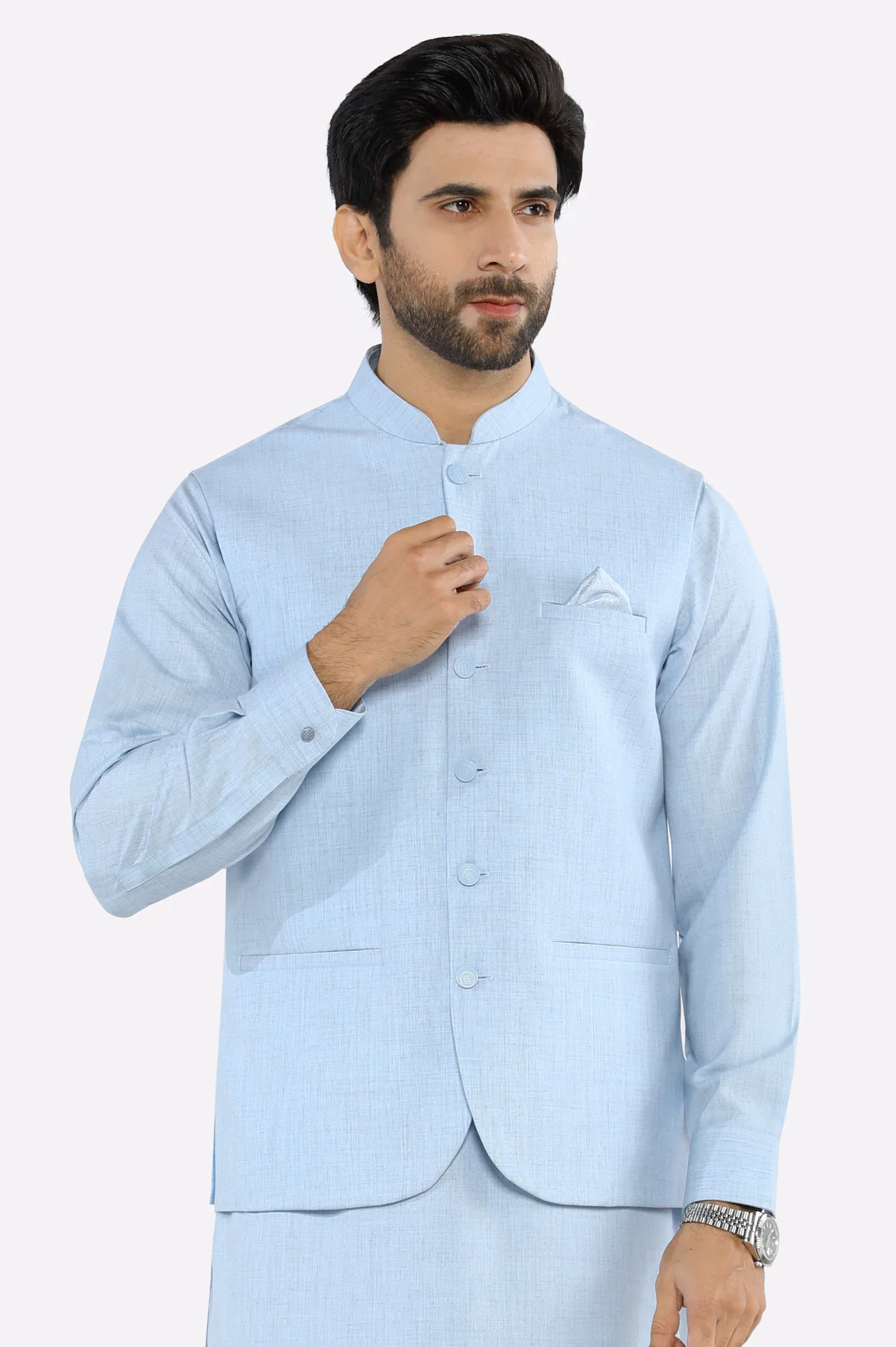 Sky Blue Shalwar Kameez with Waistcoat - Image 2