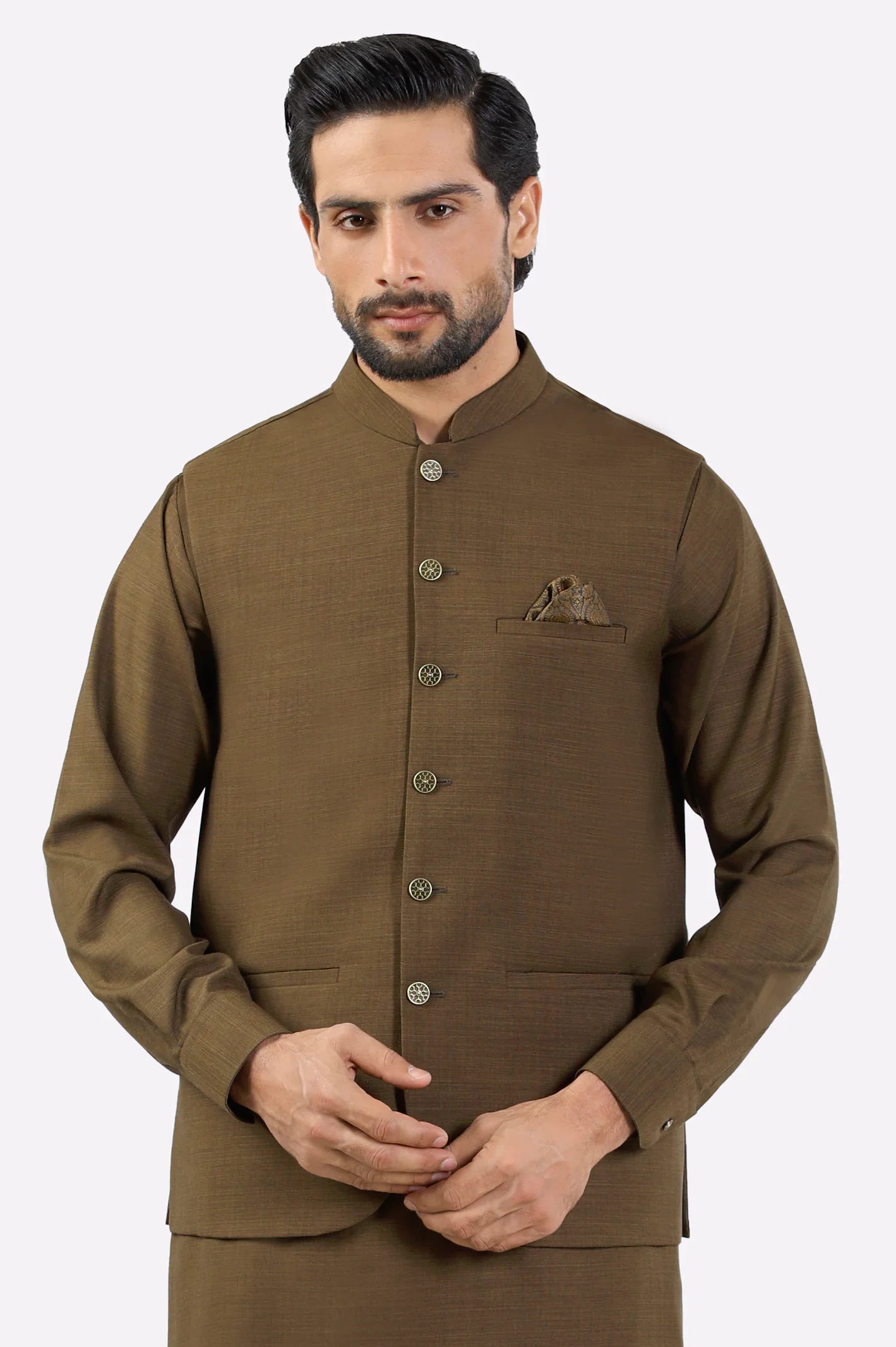 Brown Shalwar Kameez with Waistcoat - Image 2