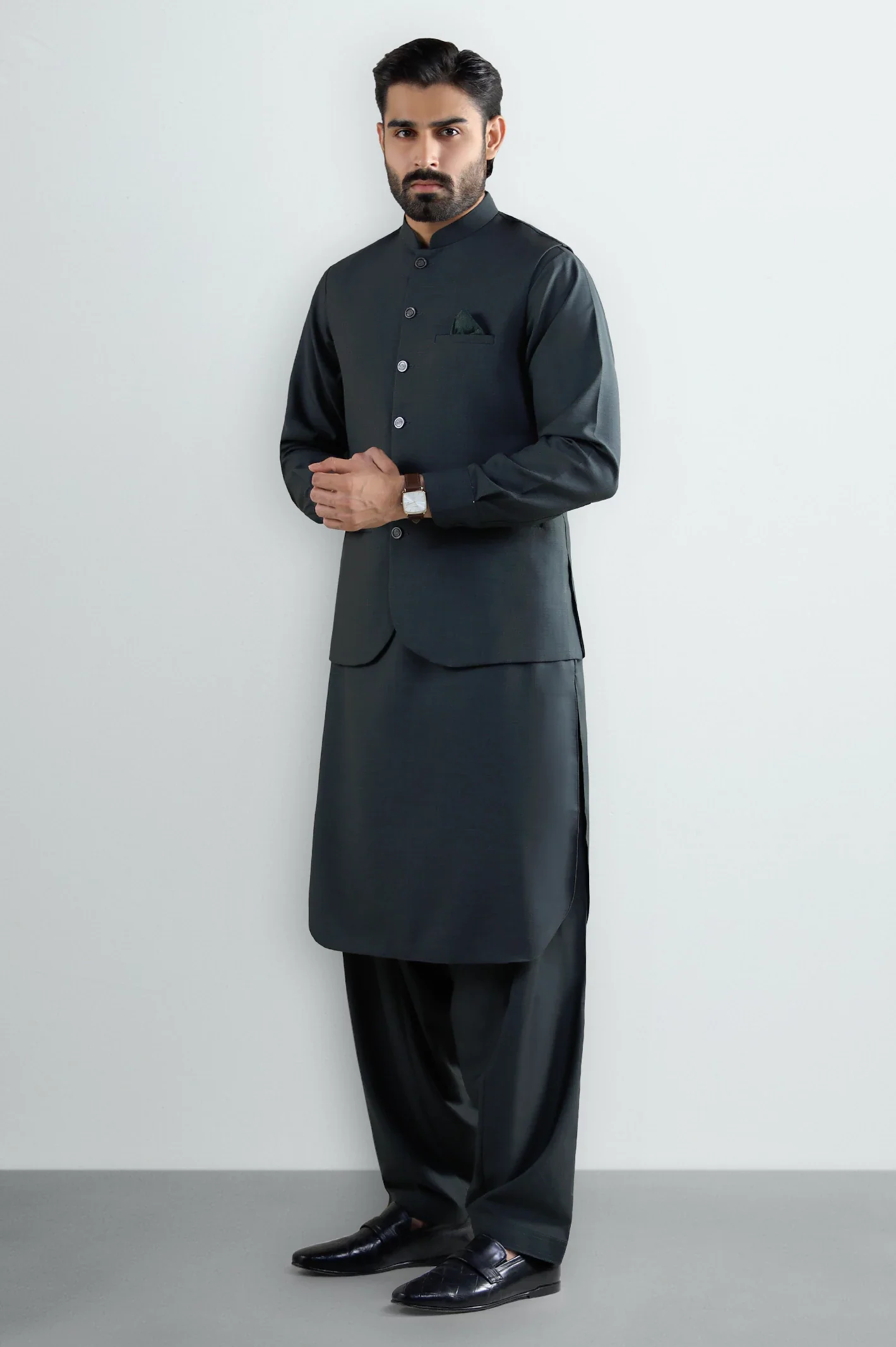 Dark Green Shalwar Kameez with Waistcoat