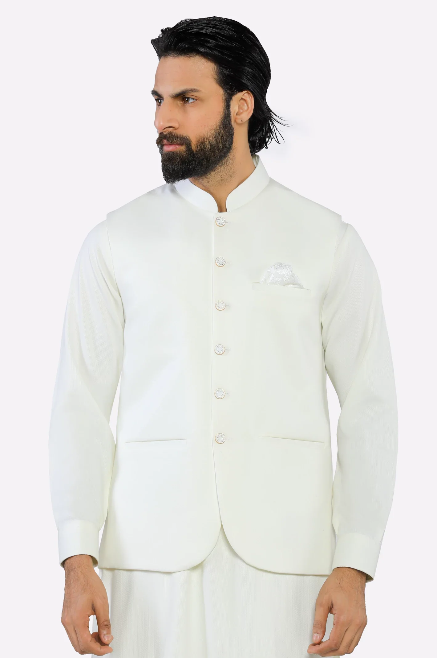 Cream Shalwar Kameez with Waistcoat - Image 2