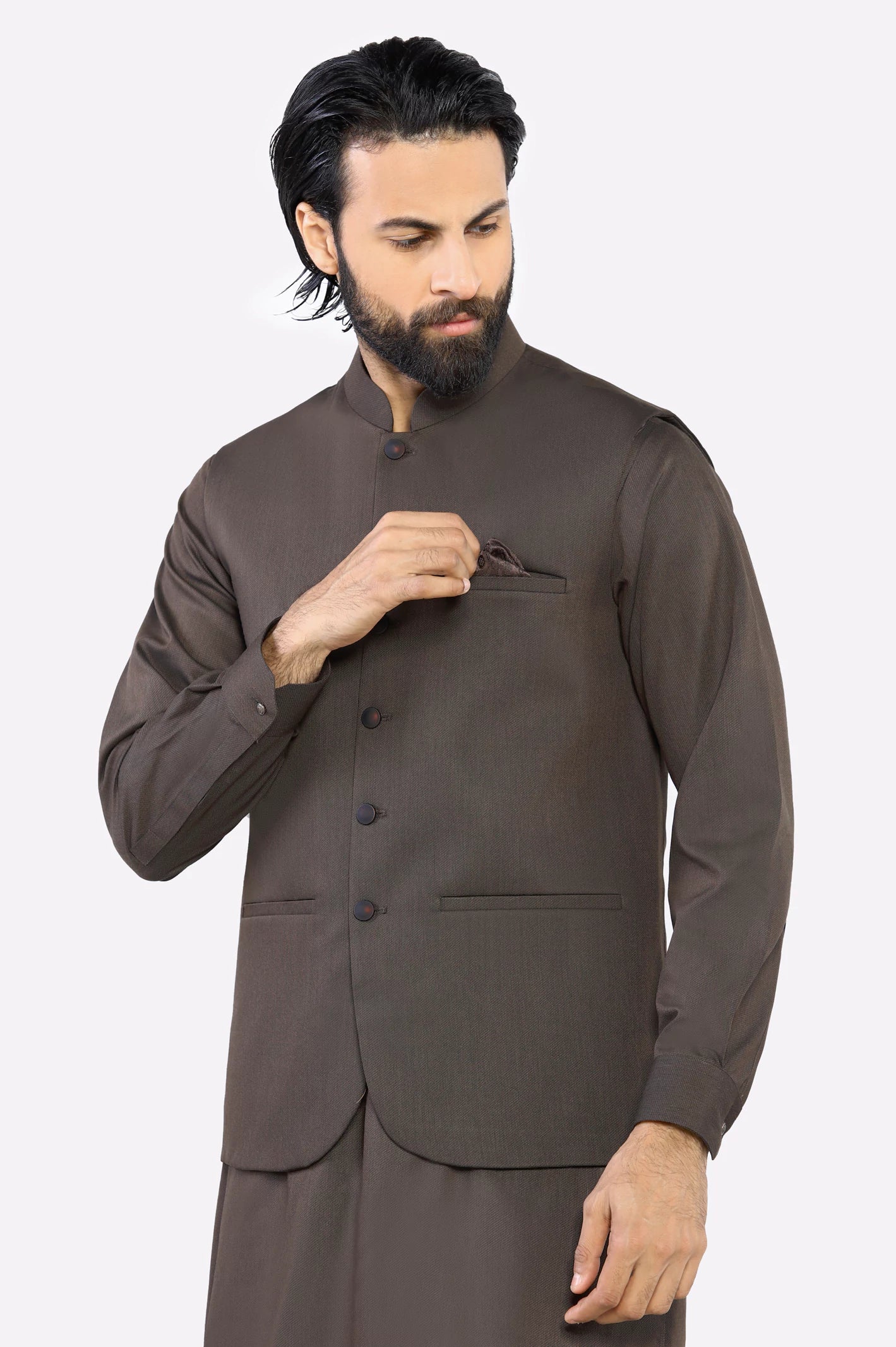 Dark Brown Shalwar Kameez with Waistcoat - Image 2