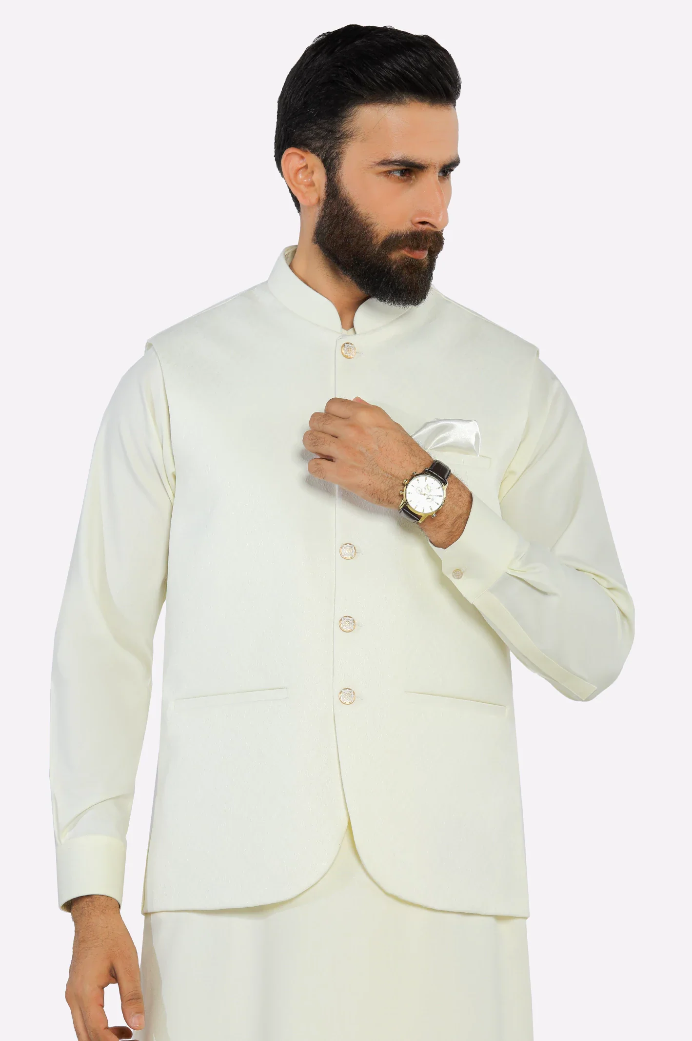 Cream Shalwar Kameez with Waistcoat - Image 2
