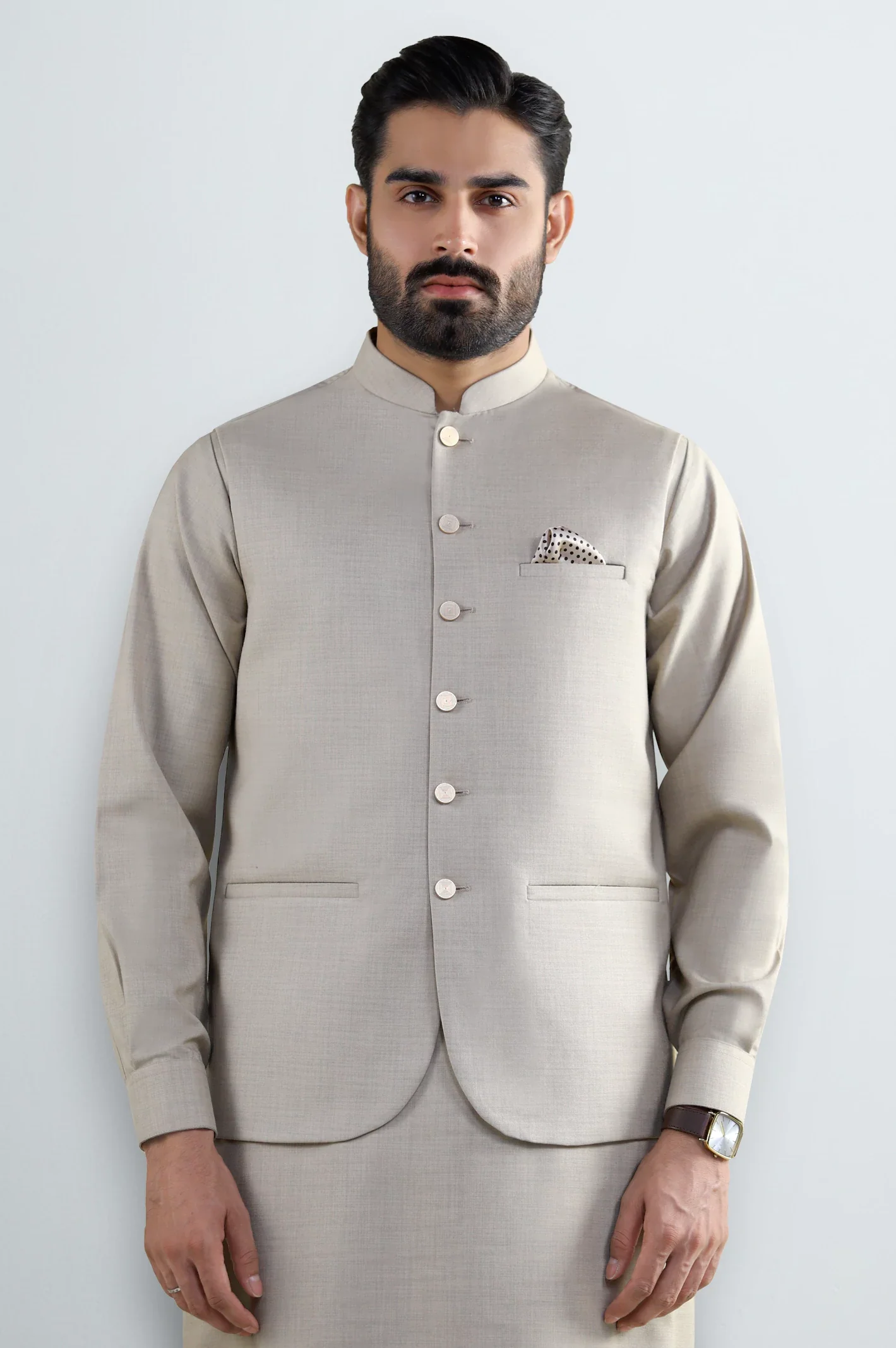 Fawn Shalwar Kameez with Waistcoat