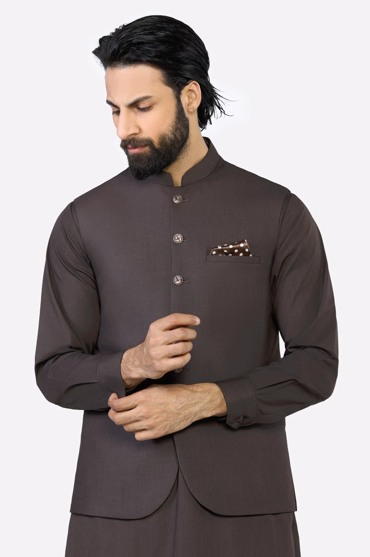 Coffee Brown Shalwar Kameez with Waistcoat - Image 2