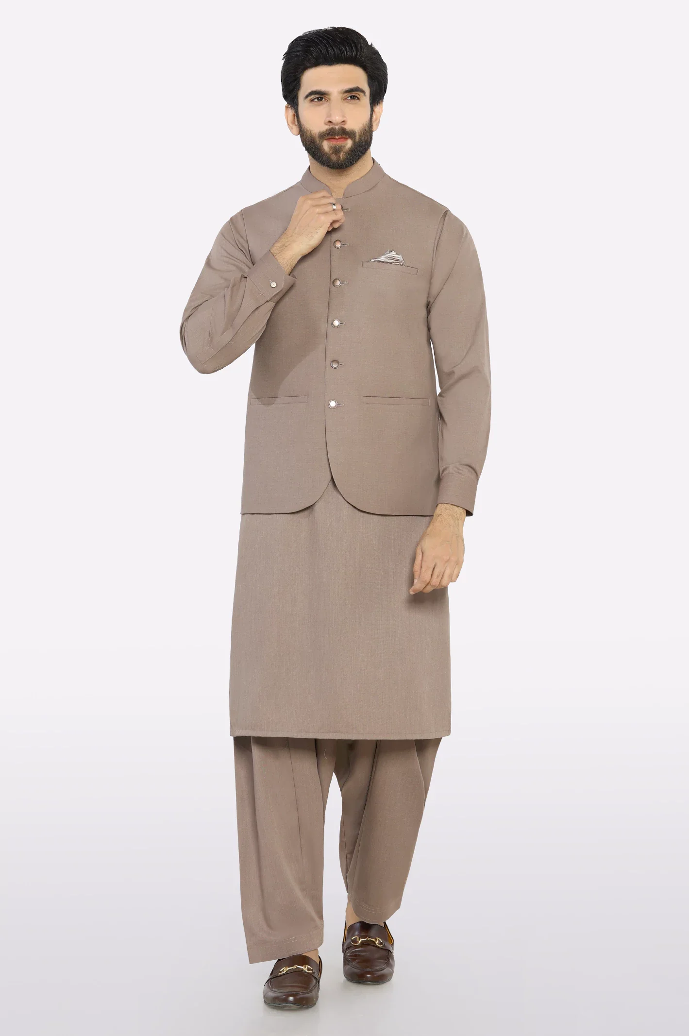 Dark Fawn Shalwar Kameez with Waistcoat