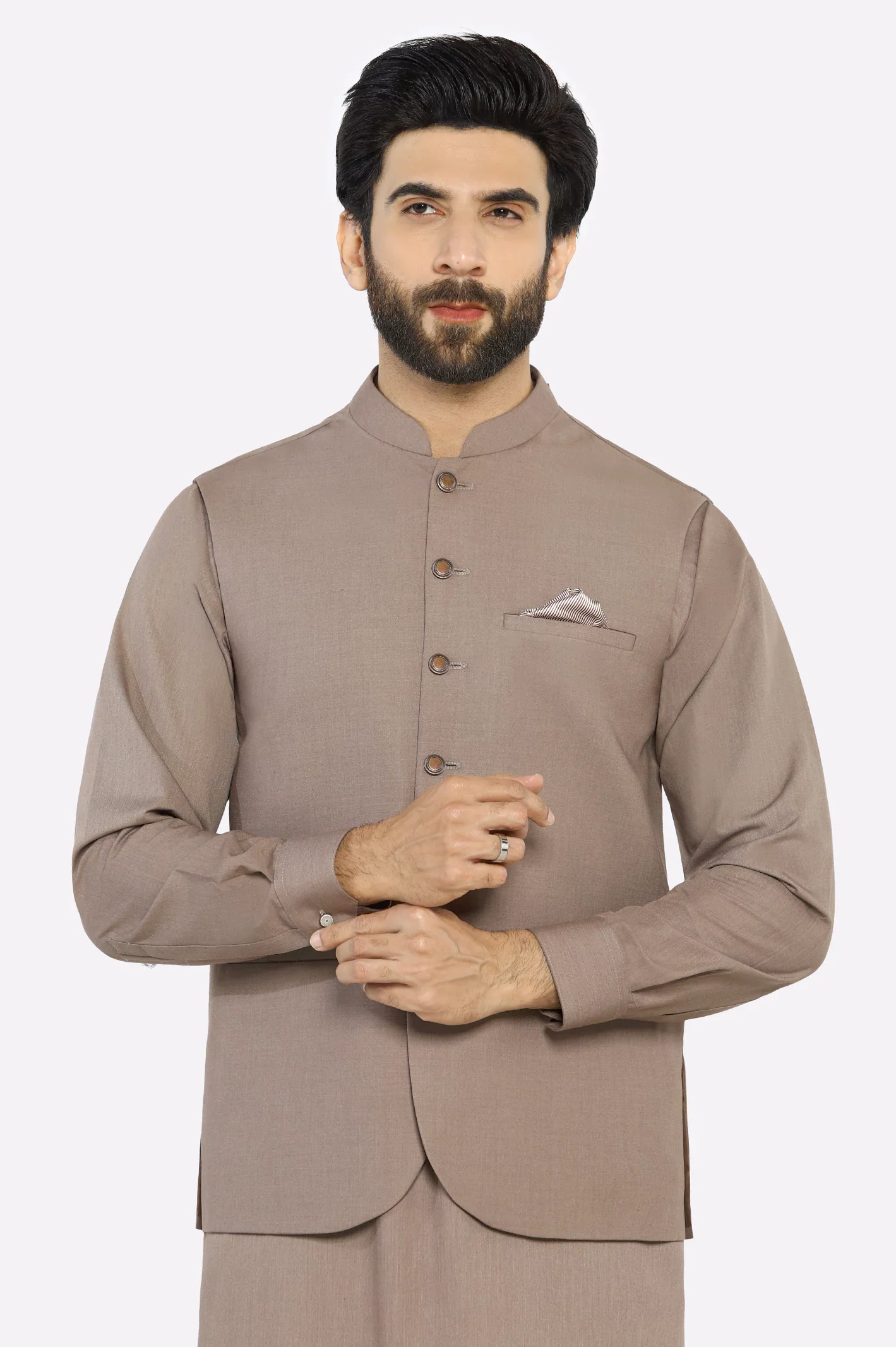 Dark Fawn Shalwar Kameez with Waistcoat - Image 2