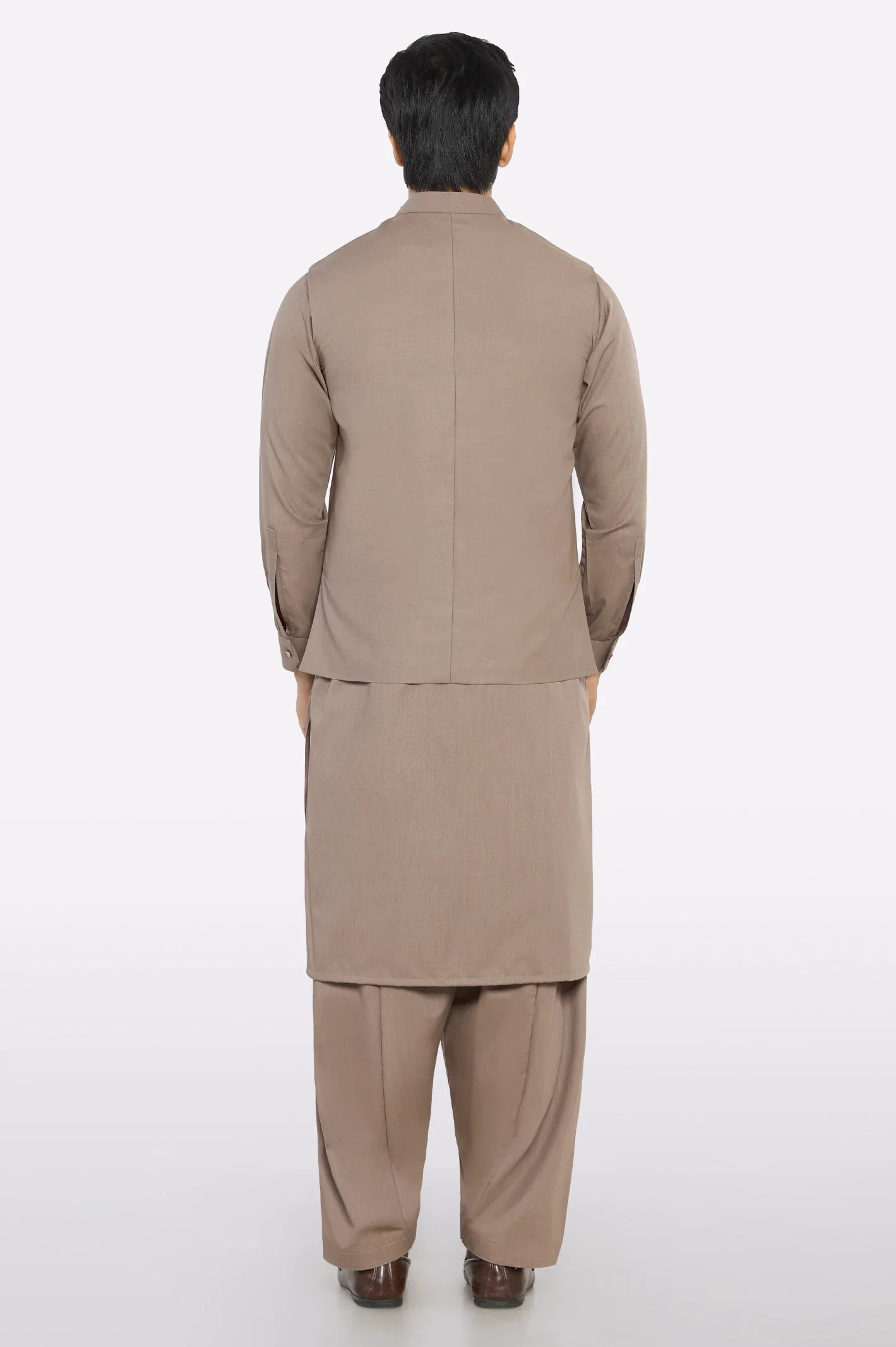 Dark Fawn Shalwar Kameez with Waistcoat - Image 3