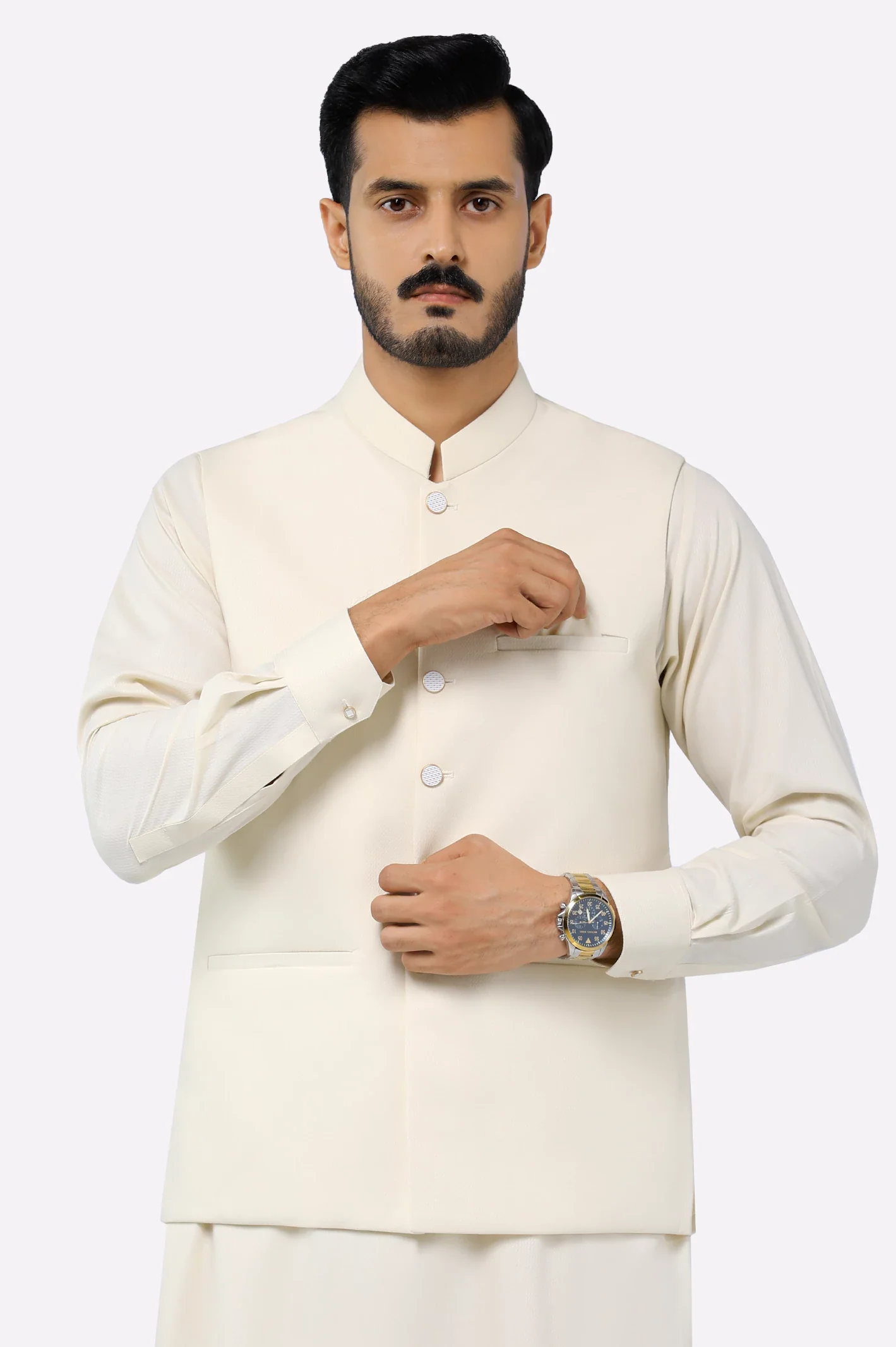 Cream Shalwar Kameez with Waistcoat - Image 2