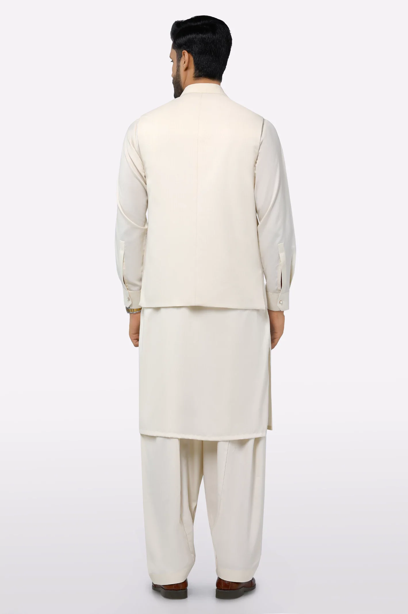 Cream Shalwar Kameez with Waistcoat - Image 3