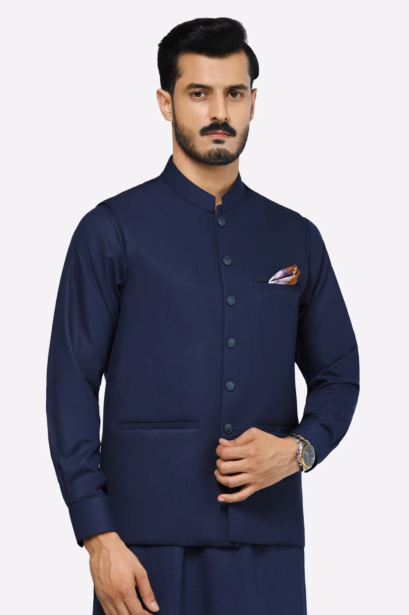 Dark Blue Shalwar Kameez with Waistcoat - Image 2