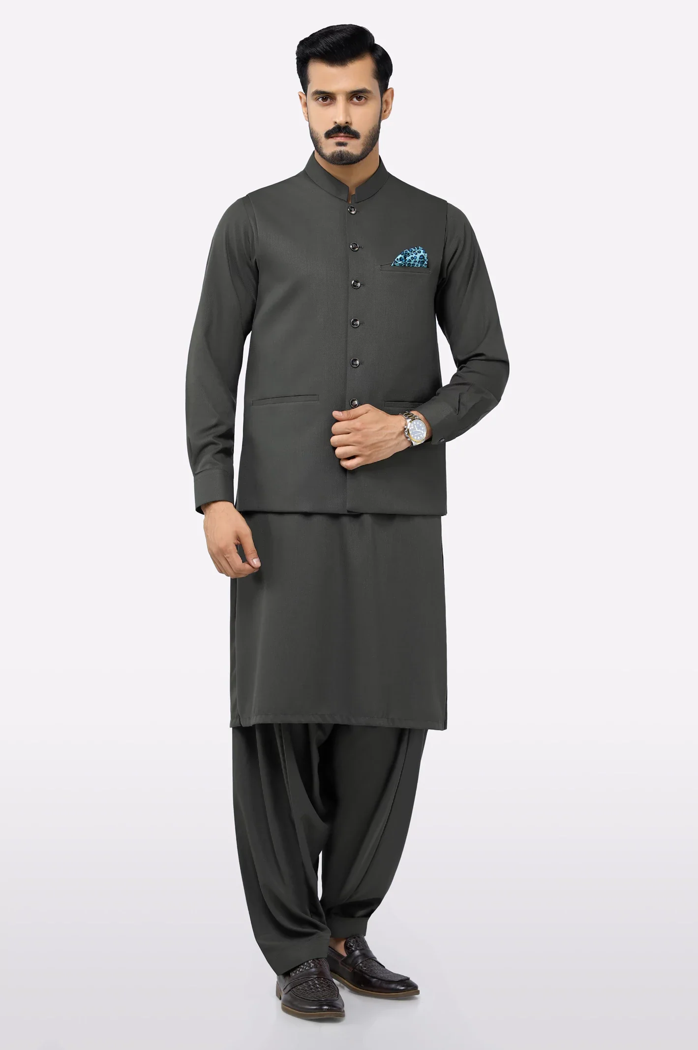 Dark Green Shalwar Kameez with Waistcoat