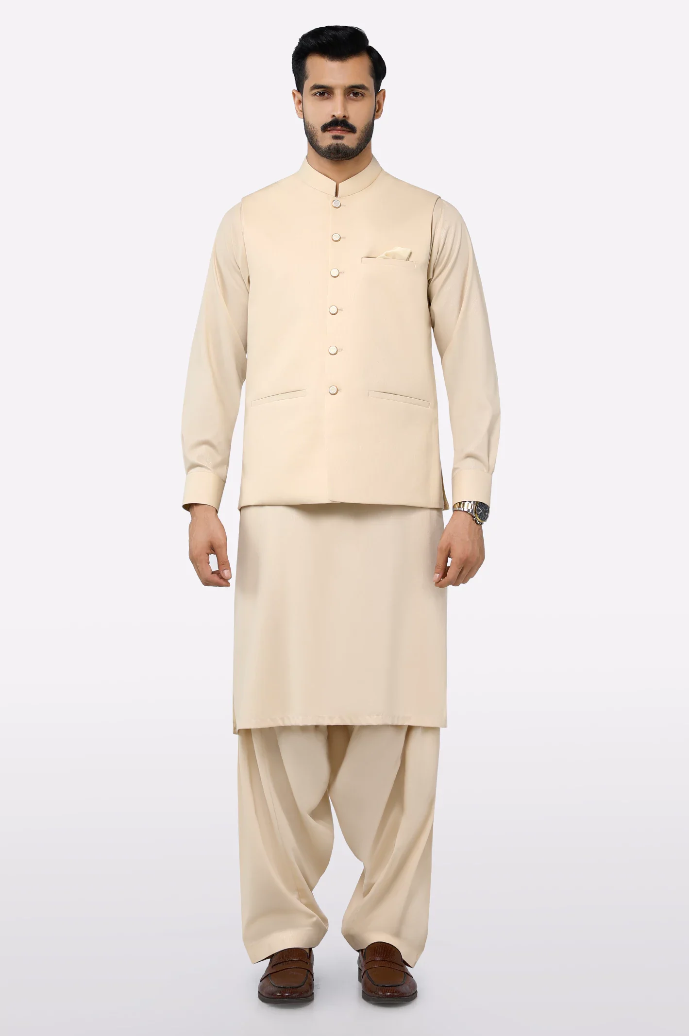 Fawn Shalwar Kameez with Waistcoat