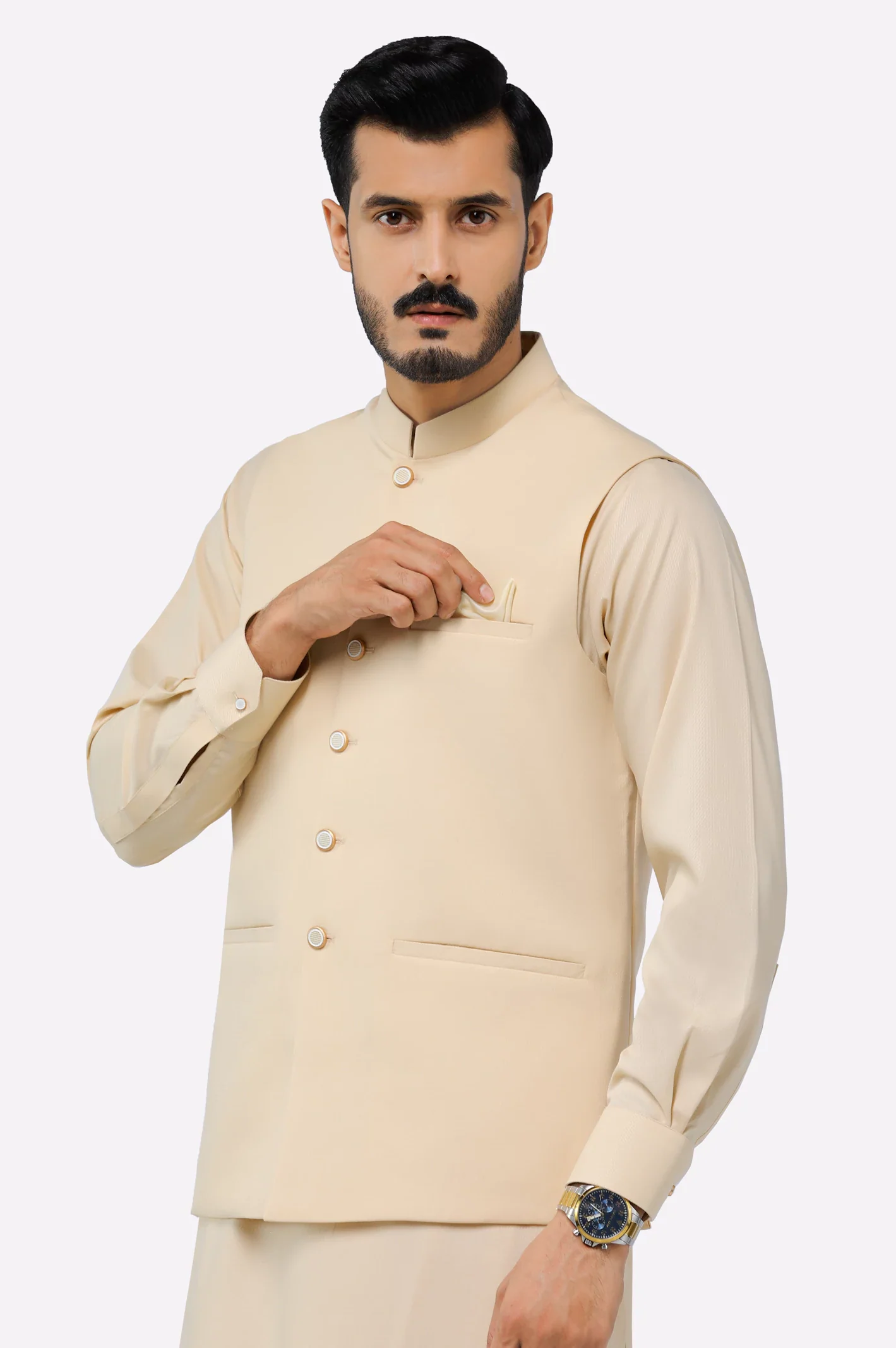 Fawn Shalwar Kameez with Waistcoat - Image 2