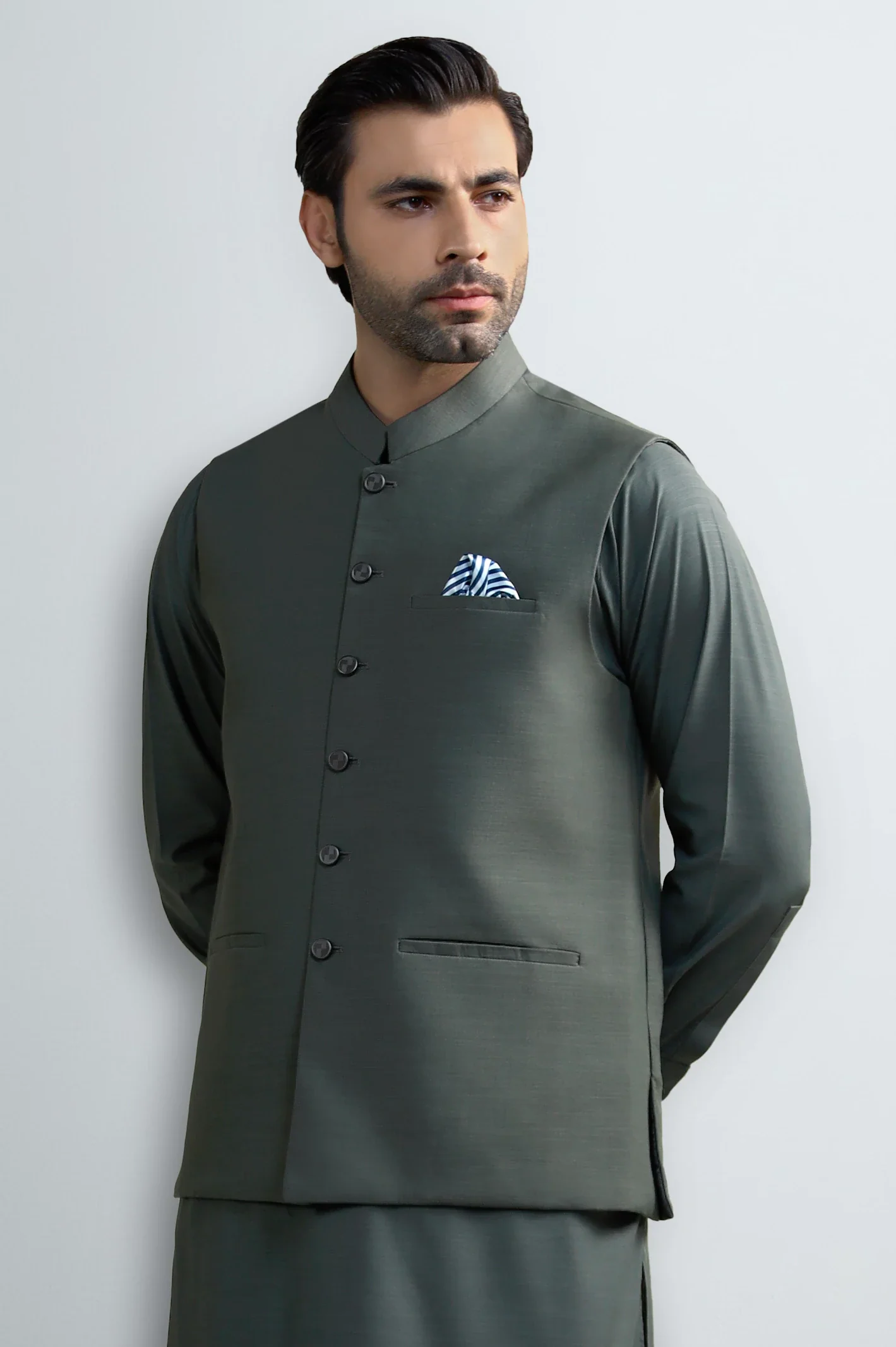 Dark Grey Shalwar Kameez with Waistcoat - Image 2